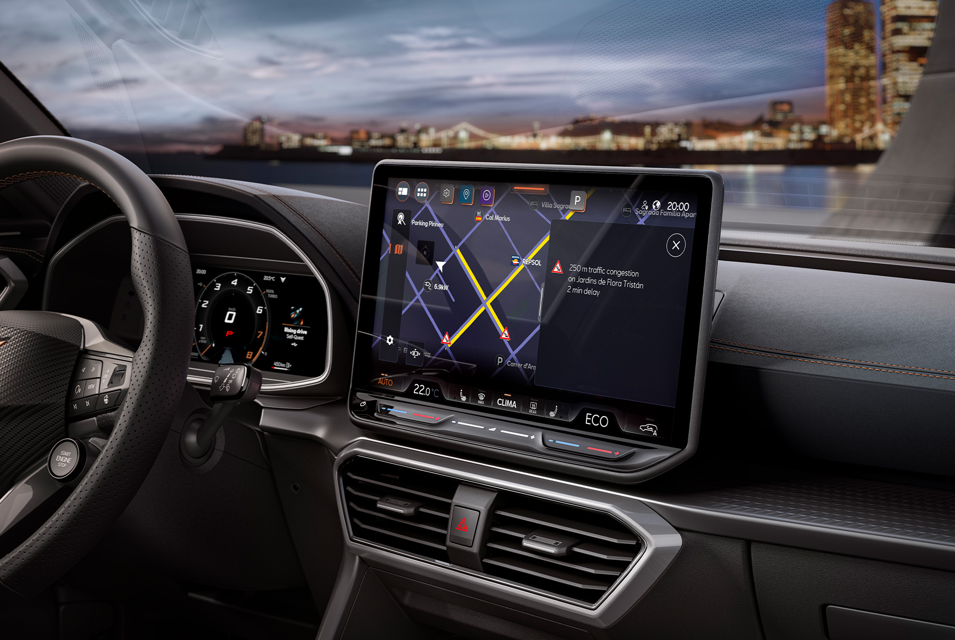 : infotainment screen, wheel, dashboard and air vents of new cupra leon 2024 hybrid vehicle.