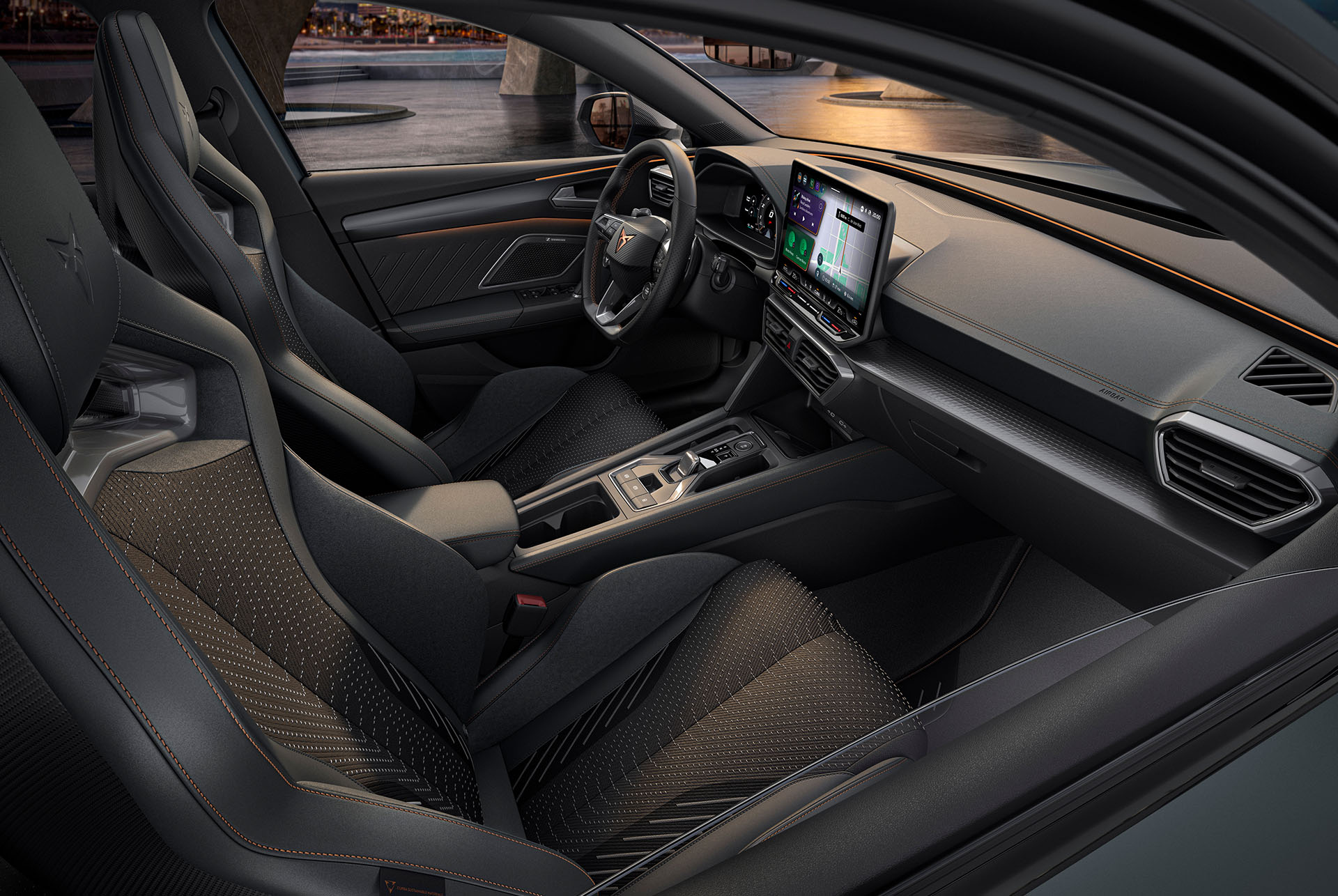 new cupra leon 2024 car interior, infotainment screen, bucket seats, passenger and driver seat.