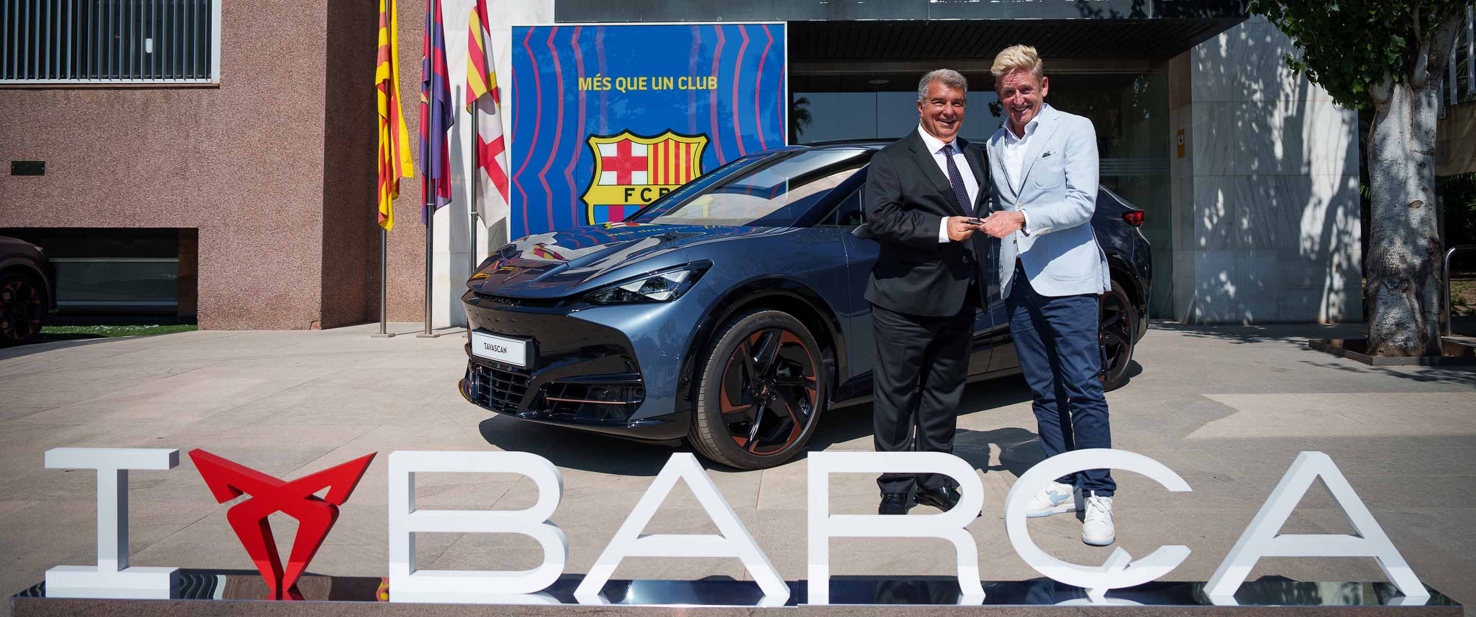 cupra ceo with fc barcelona president joan laporta and tavascan suv