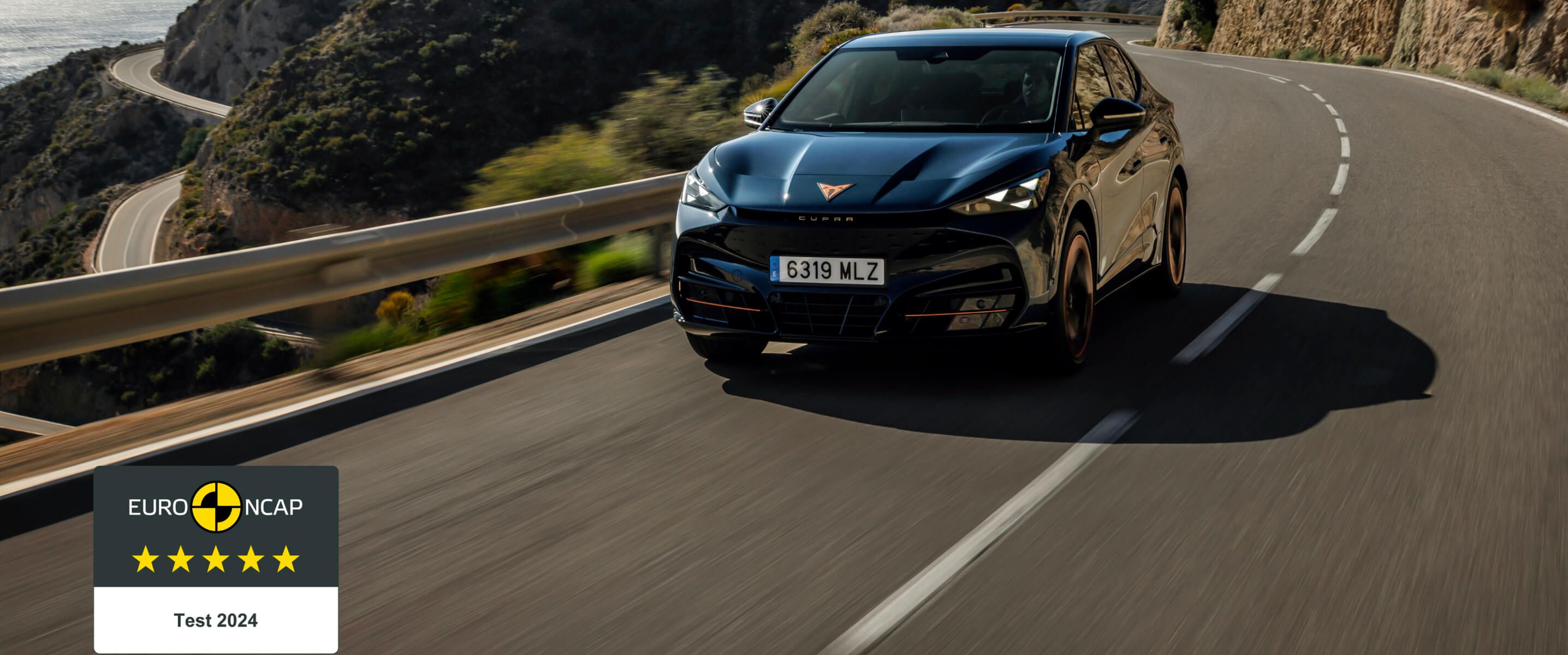 electric suv, cupra tavascan car on a coastal road and a five star euro ncap safety rating