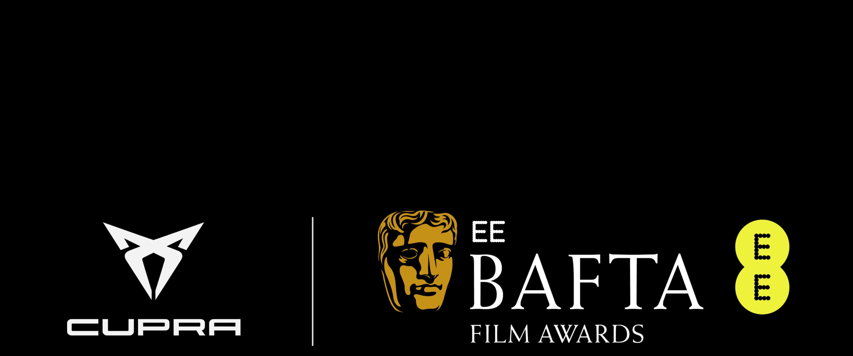 The cupra logo with black background on the left and the ee bafta film awards logo on the right, separated by a thin vertical line.