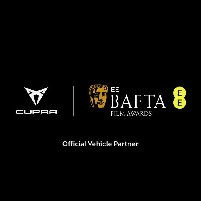 The cupra logo with black background on the left and the ee bafta film awards logo on the right, separated by a thin vertical line.