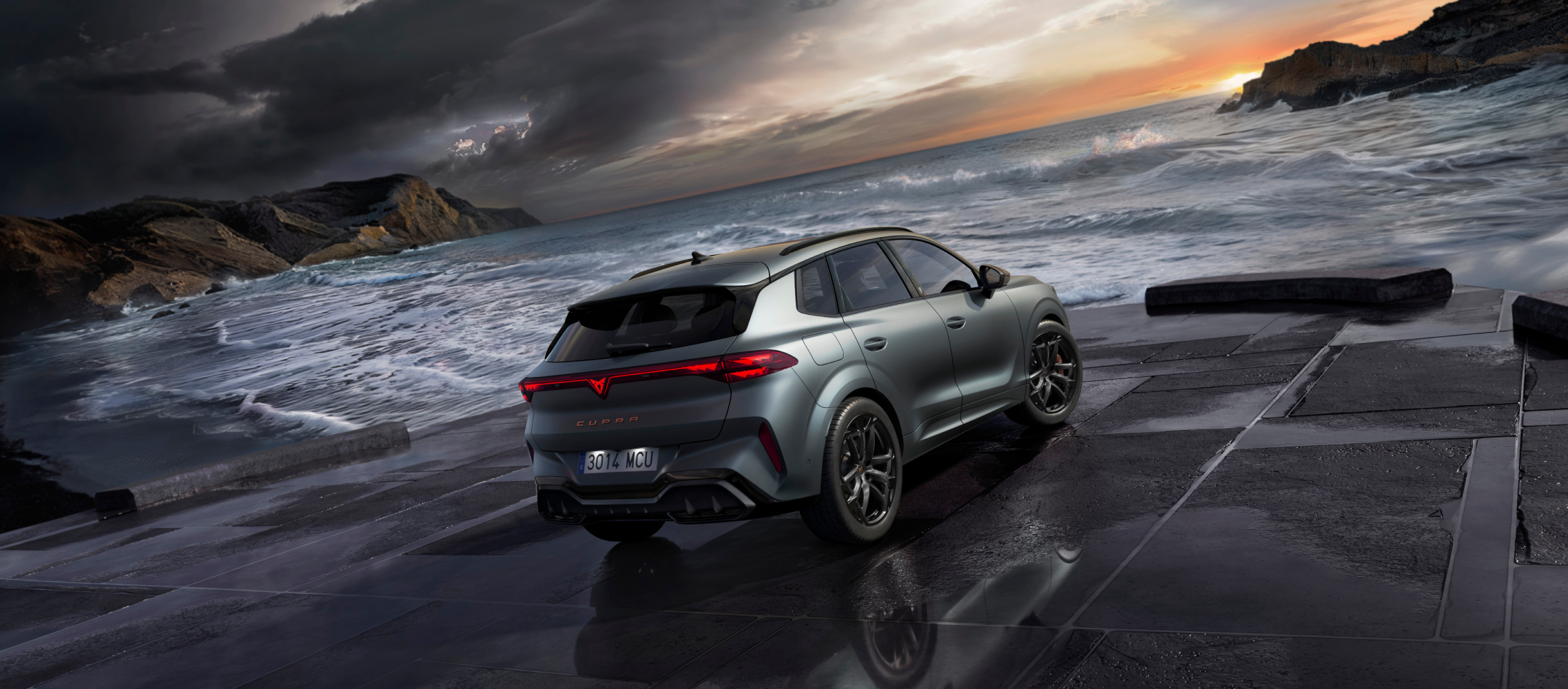 cupra terramar hybrid suv, new 2024 model, rear view angle, featuring sleek rear lights with cupra logo, modern alloy wheels and a sporty car body, on a wet pavement by the sea