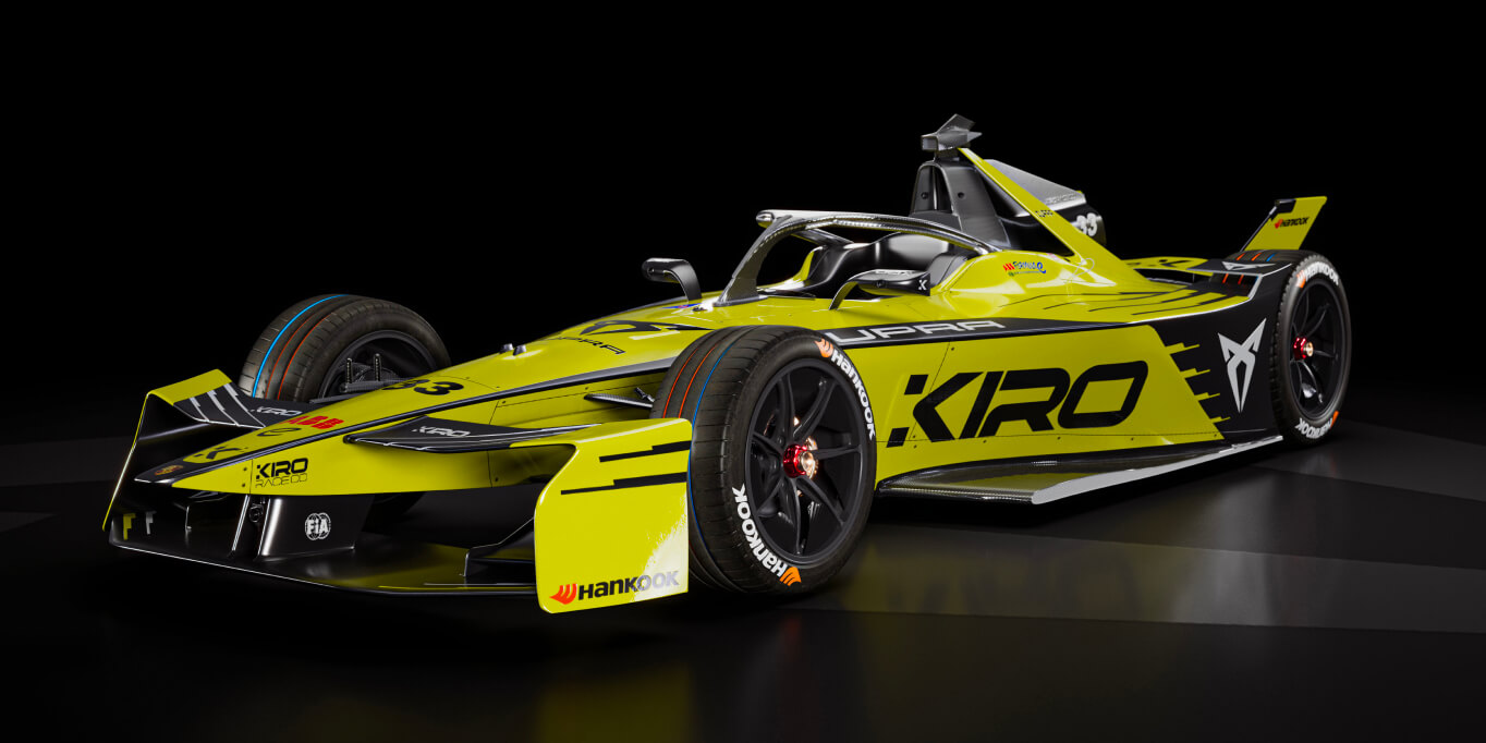 Side view of the cupra kiro formula e 2025 car in collaboration with kiro race co, featuring porsche motorsport technology and a bold aerodynamic design with striking branding on a black background