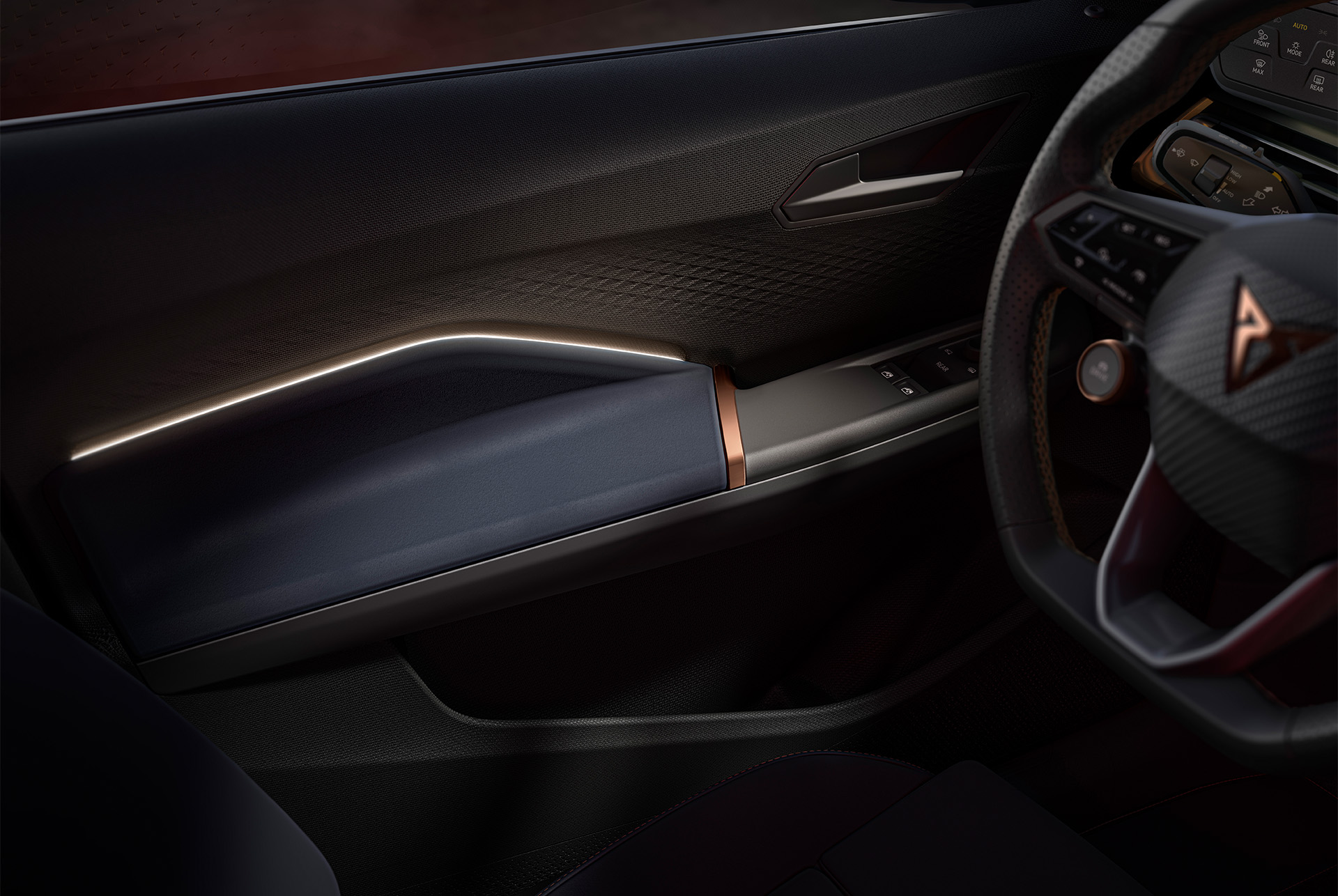CUPRA Born interior view of the steering wheel and multicolour ambient lighting