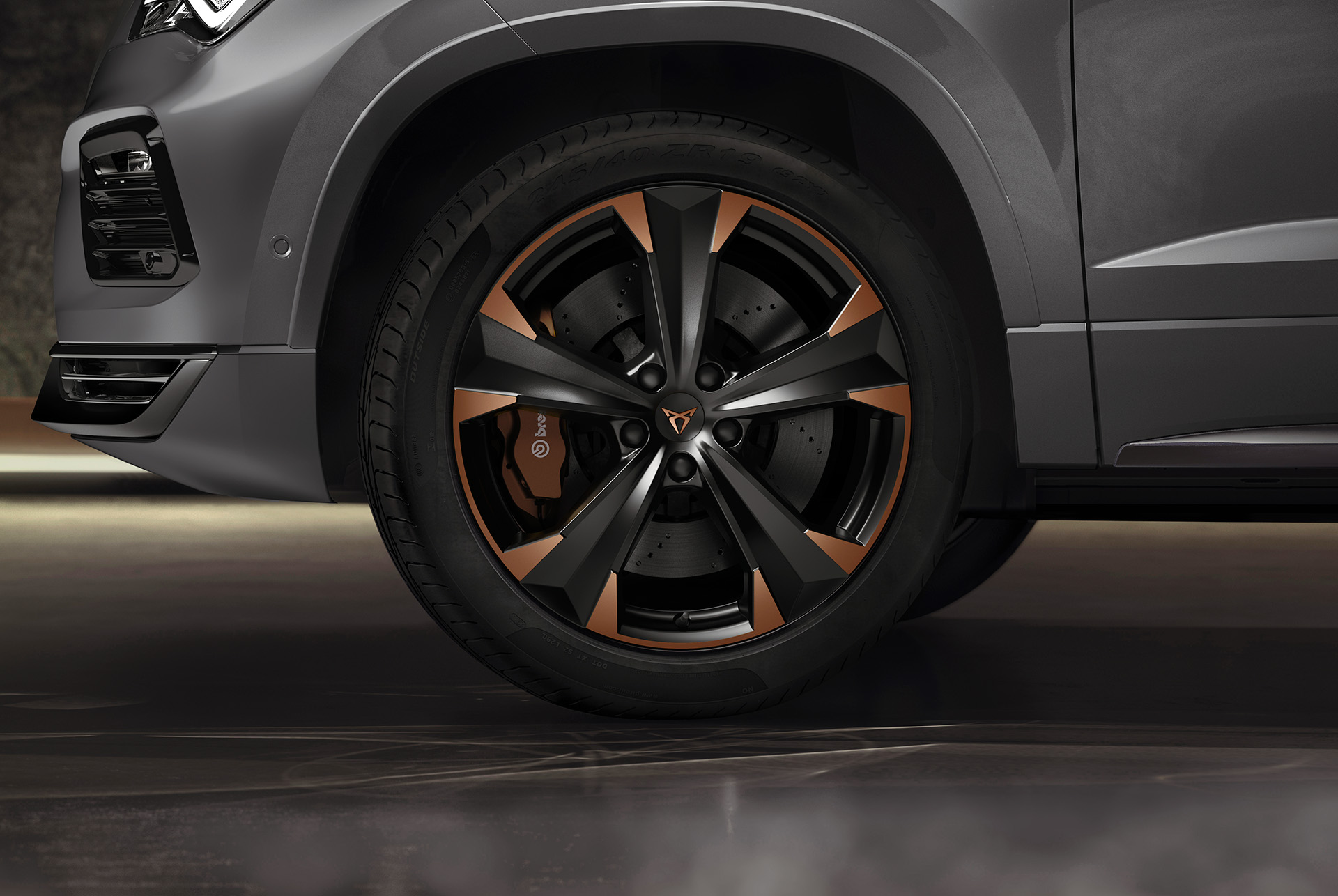 Close-up of the CUPRA Ateca's performance brakes featuring Brembo calipers, providing award-winning stopping power. 