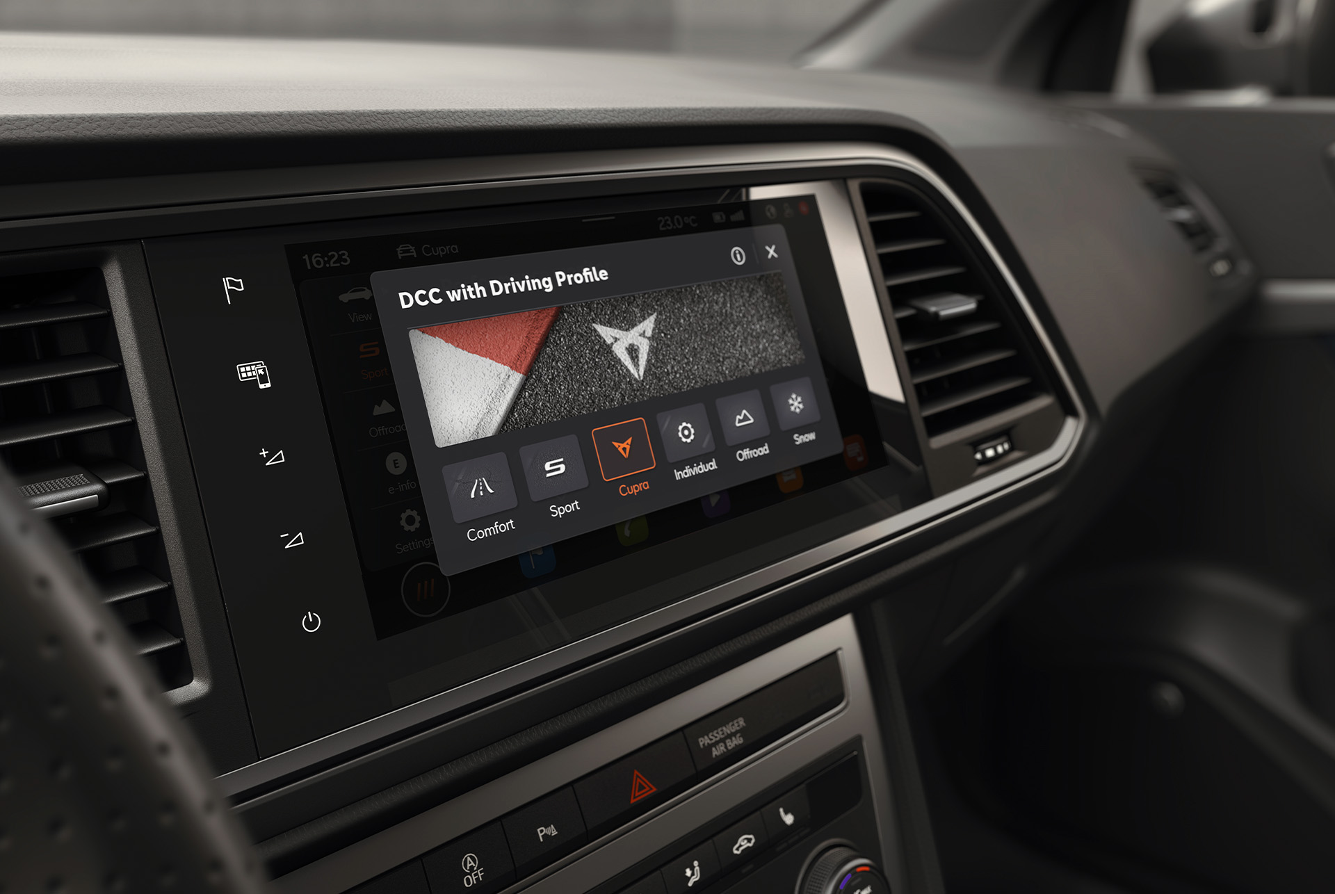 The CUPRA Ateca dashboard screen displaying DCC with Driving Profile settings. Harness race-level command with CUPRA Drive mode for full power performance.