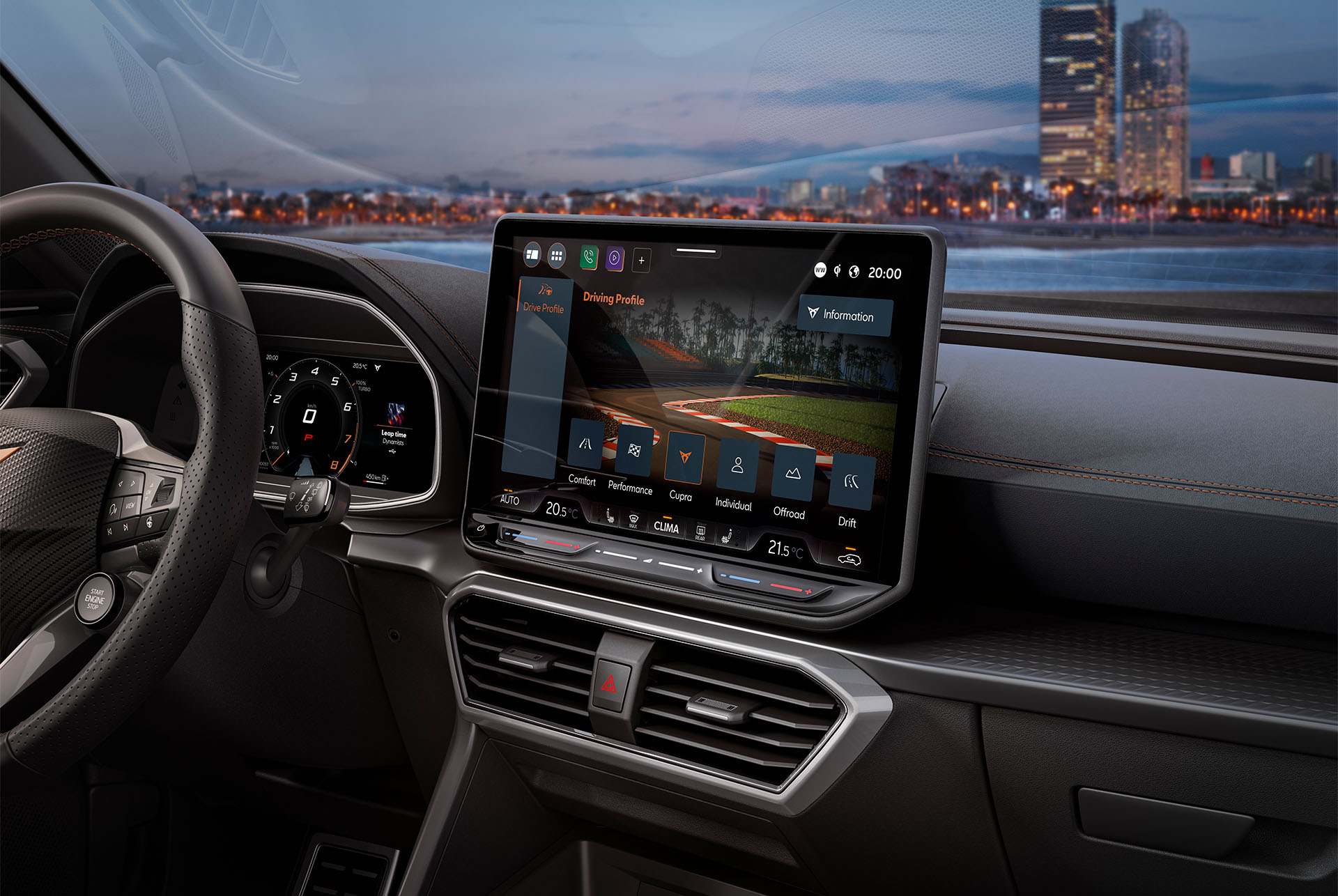 Dashboard view of new CUPRA Formentor 2024 and skyline.
