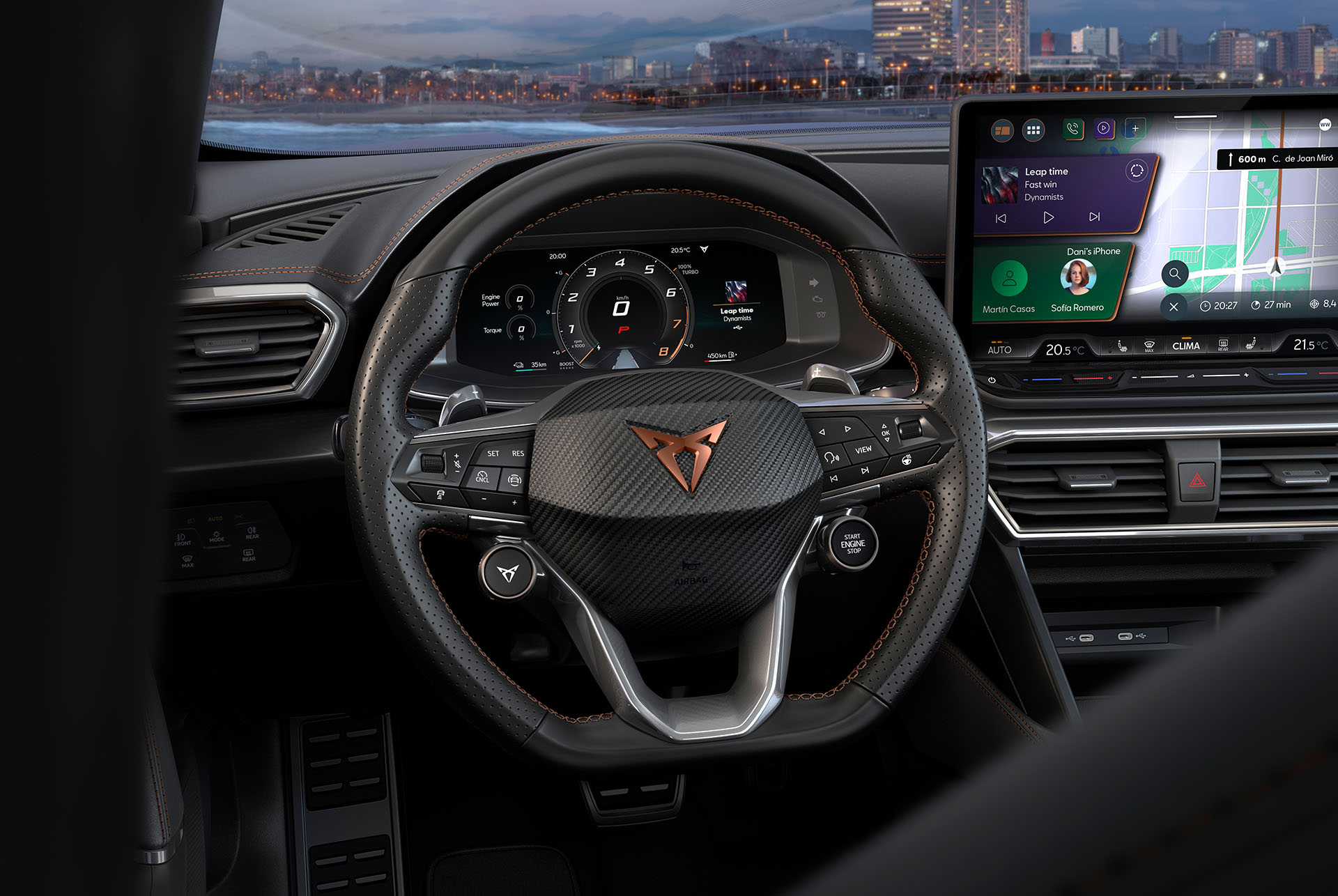 Close up of new CUPRA Formentor 2024 dynamic display, copper logo, adaptive cruise control, pre crash and lane keeping system. Includes intelligent park assist, drowsiness assist, side assist, speed limiter and a top view camera.