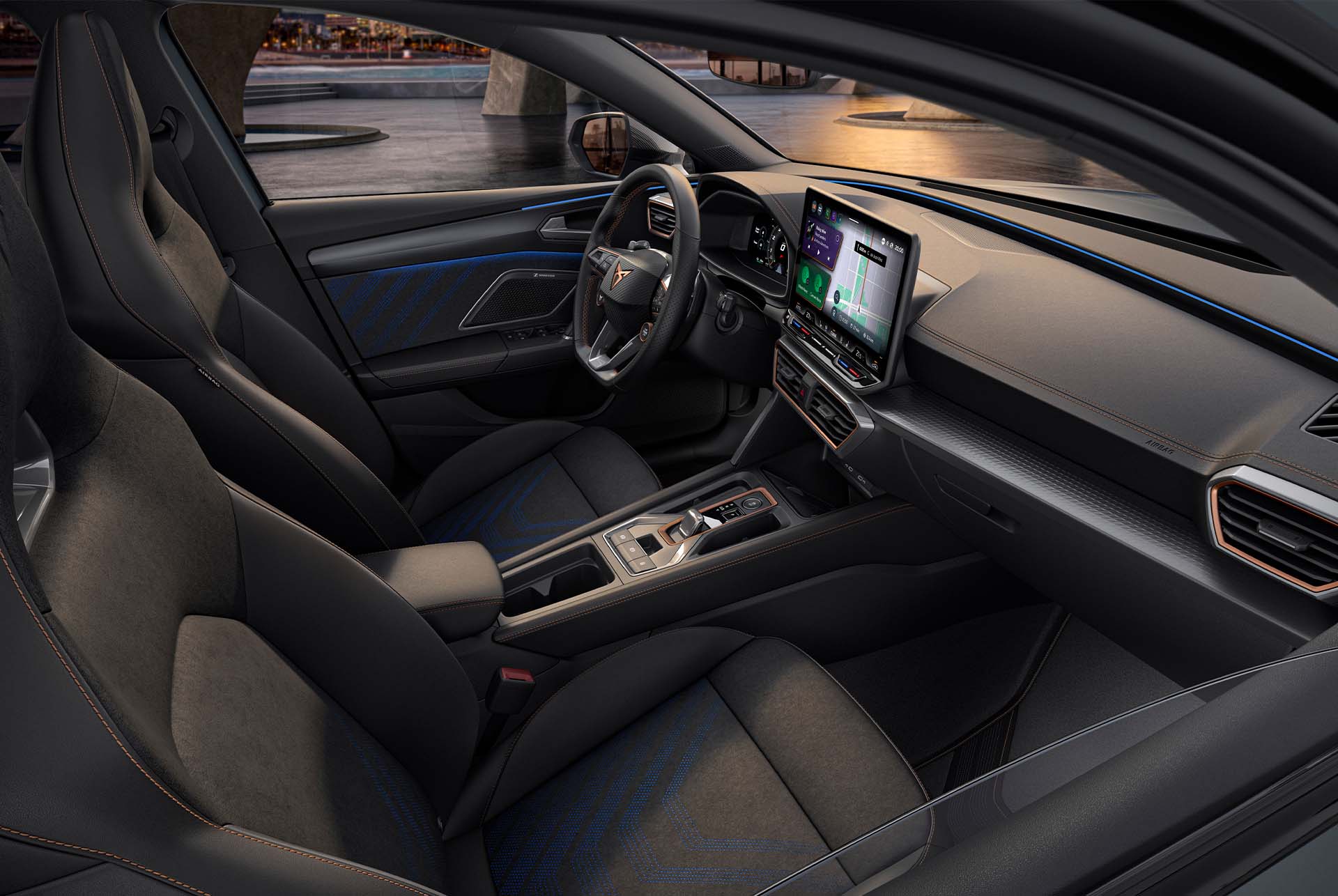 new cupra leon sportstourer 2024 dynamic interior design, bucket seats made from recycled vegan microfibre material, electric memory functions and heating settings.