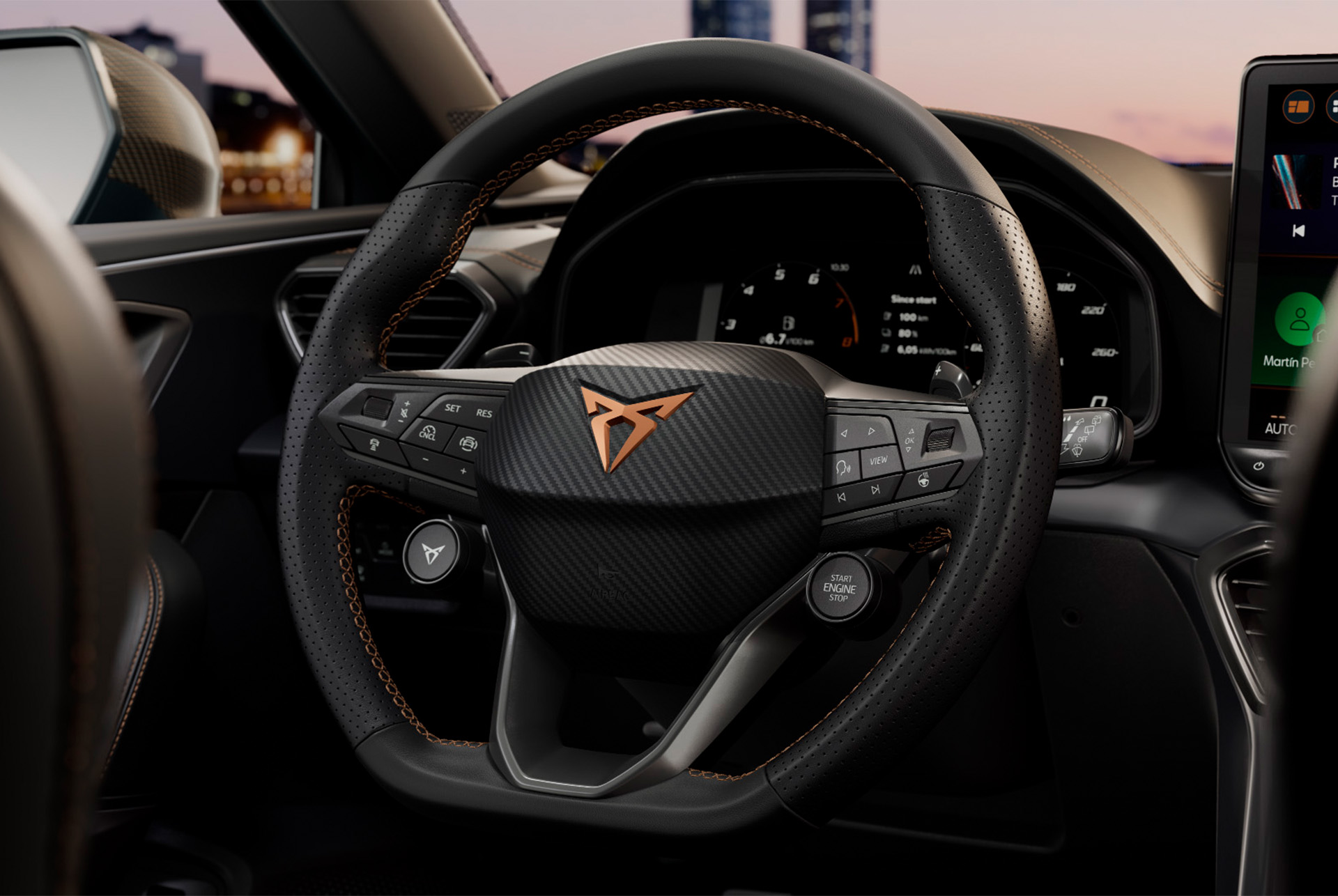 new cupra leon sportstourer 2024, steering wheel with satelite controls,  safety tech advanced assistance systems, adaptive cruise control, lane keeping and live dynamic road sign display.