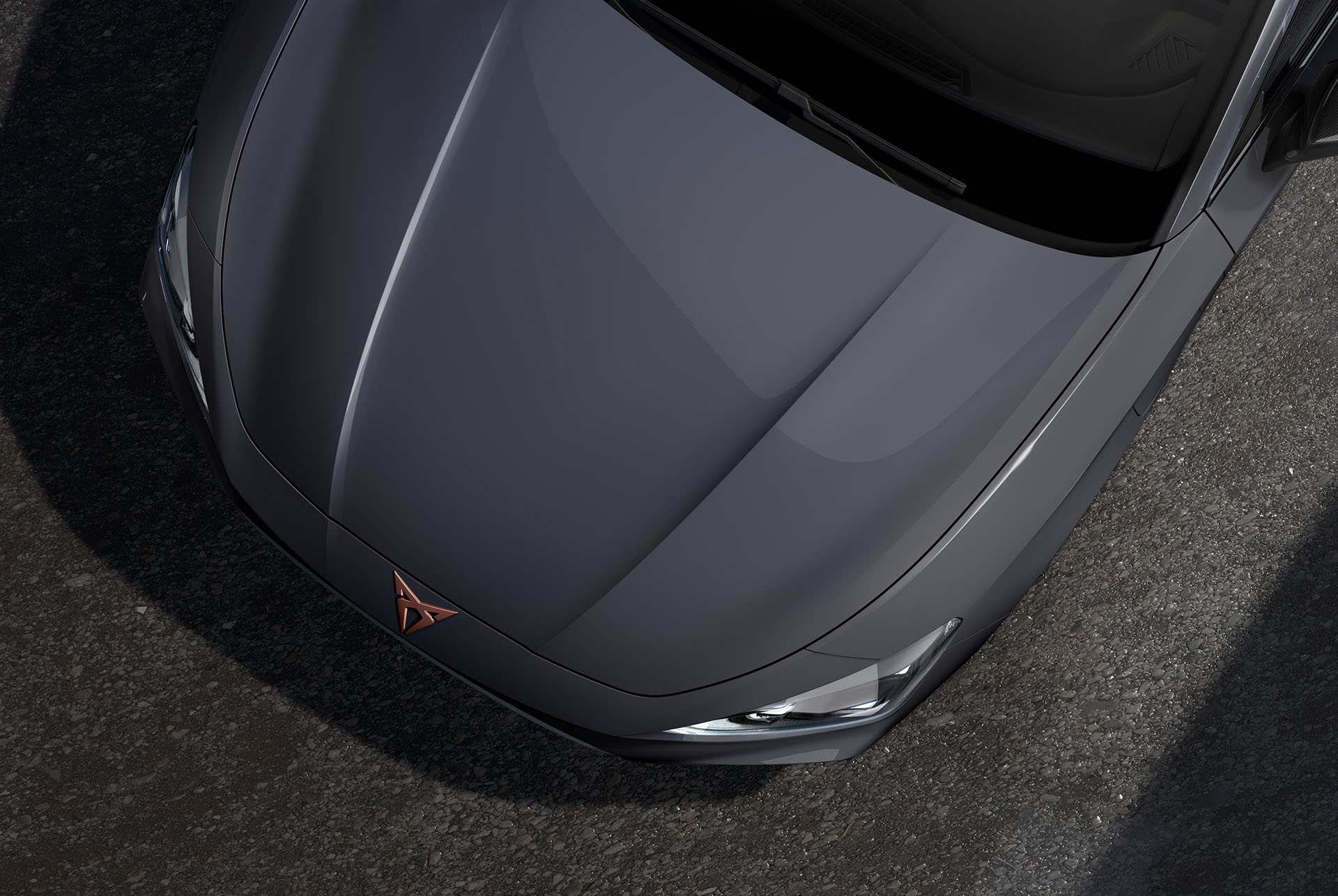 bird’s eye view of a graphene grey new cupra leon sportstourer 2024 car hood