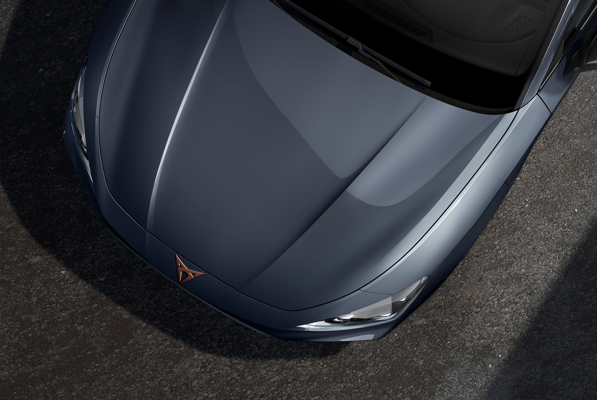 bird’s eye view of a grey magnetic tech new cupra leon sportstourer 2024 car hood