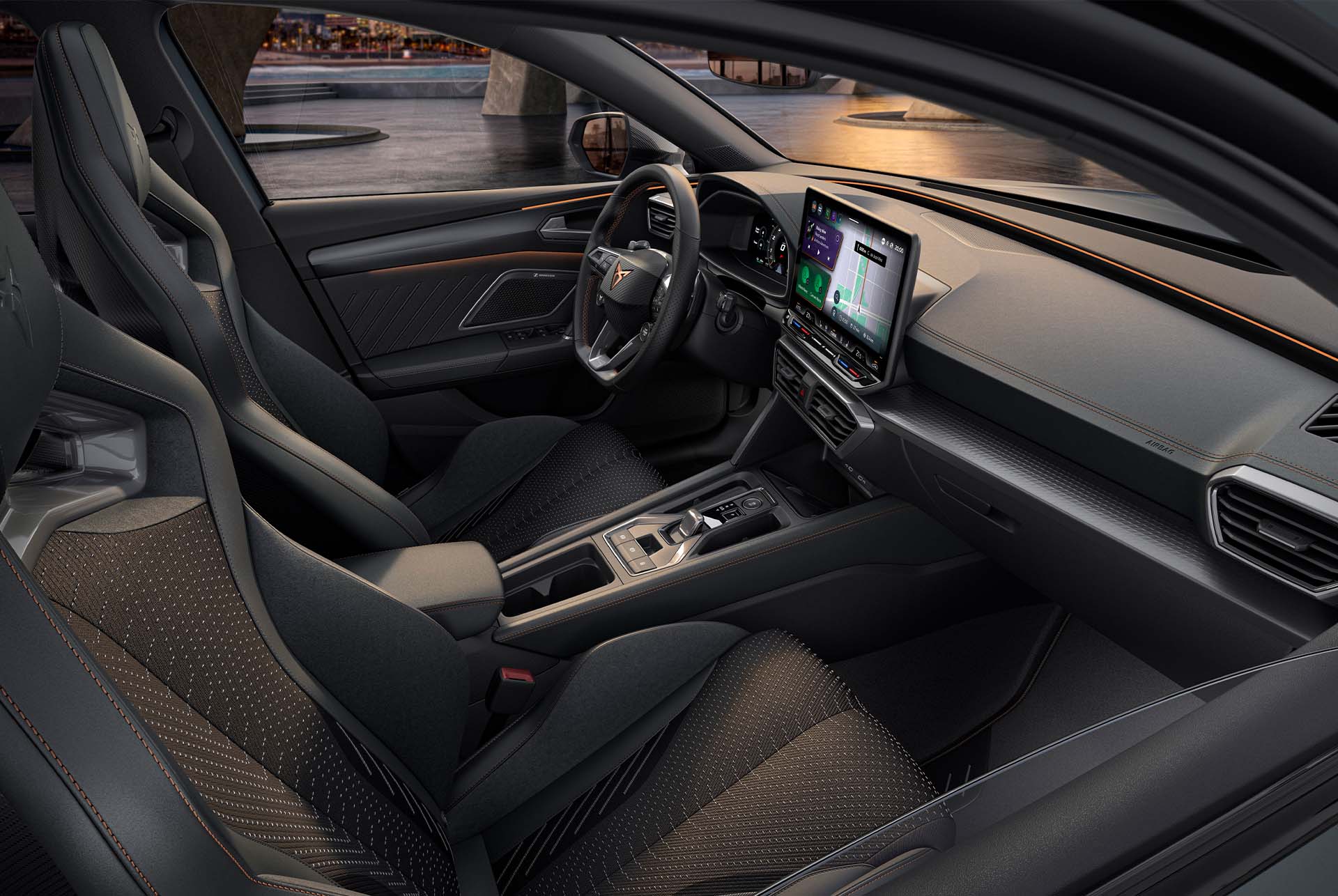 new cupra leon sportstourer 2024 extreme interior design, sporty cup bucket seats with heating and electric, with memory settings for both driver and front seat passenger.