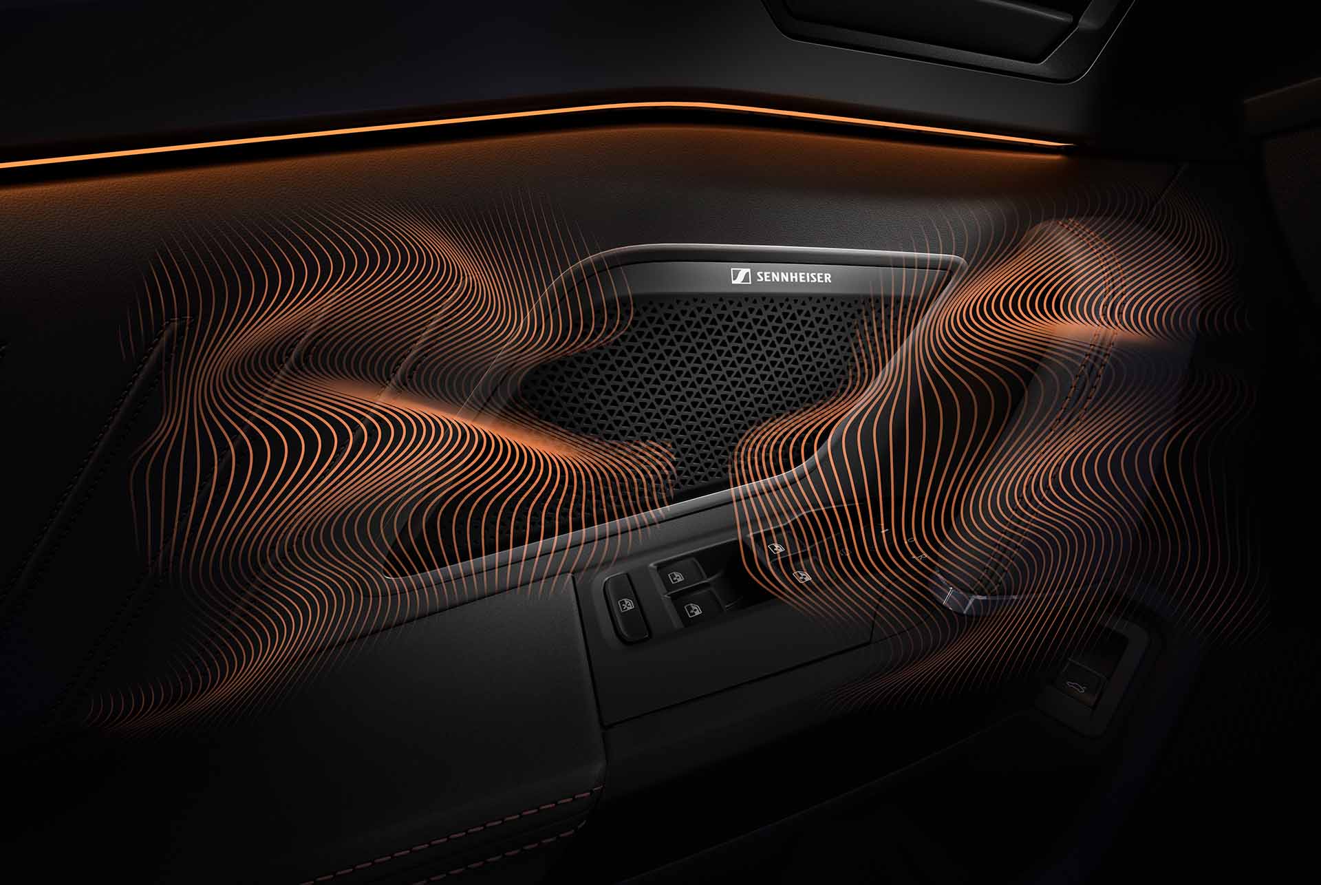 new cupra leon sportstourer 2024 immersive by sennheiser equipment upgrade technology. close up of sennheiser speaker on cupra leon sportstourer door panel, sound waves and ambient lighting.