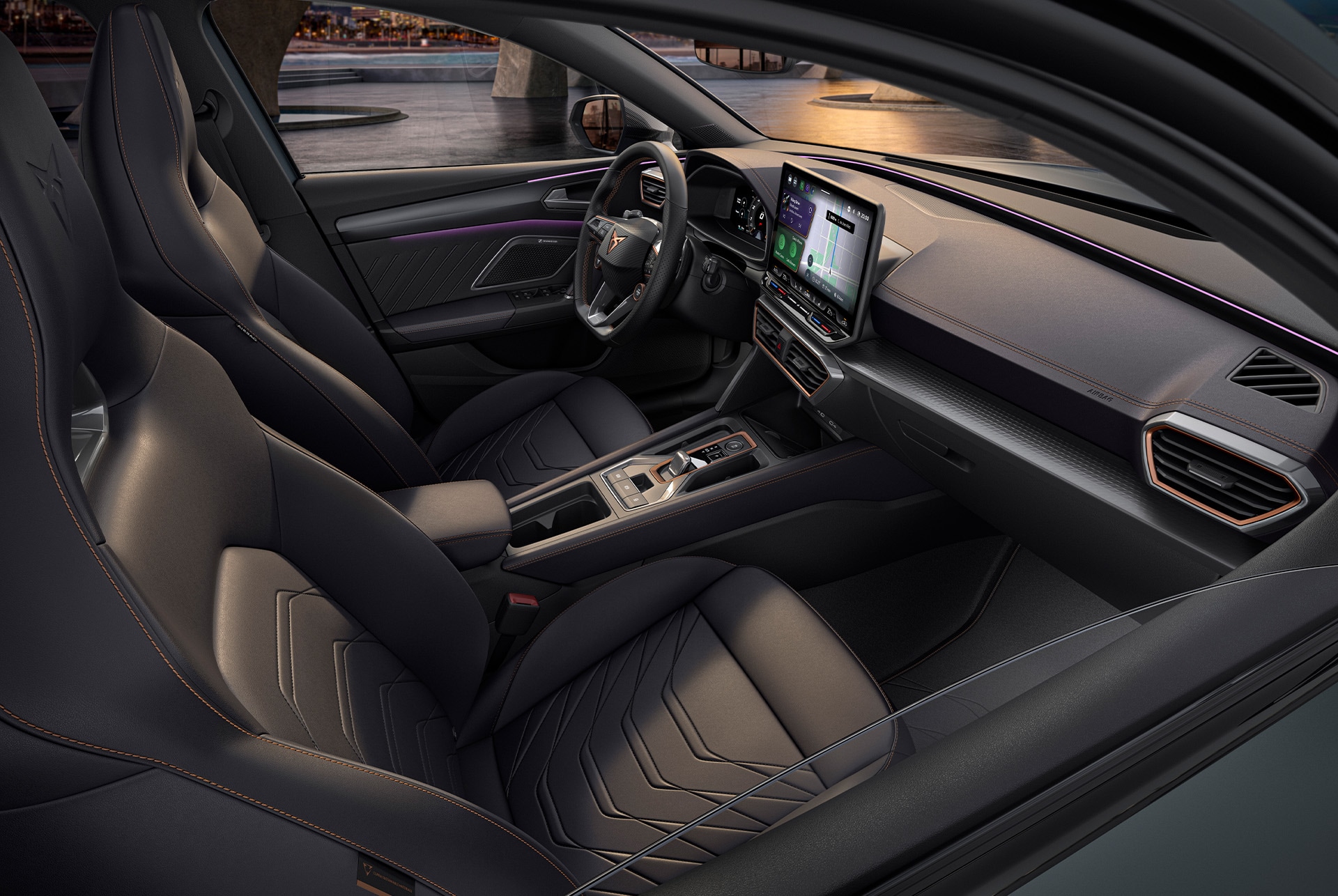 Interior of new grey Cupra Leon Sportstourer 2025, front passenger and driver seats, infotainment system, cupra wheel, bucket seats, at sunset. Interior of new grey Cupra Leon Sportstourer 2025, front passenger and driver seats, infotainment system, cupra wheel, bucket seats, at sunset.