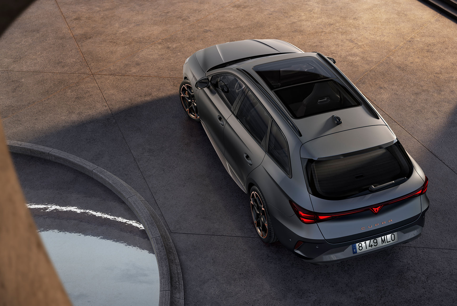 new cupra leon sportstourer 2024 hybrid car technology, parked on concrete, eagle eye with panorama sunroof and electric tailgate