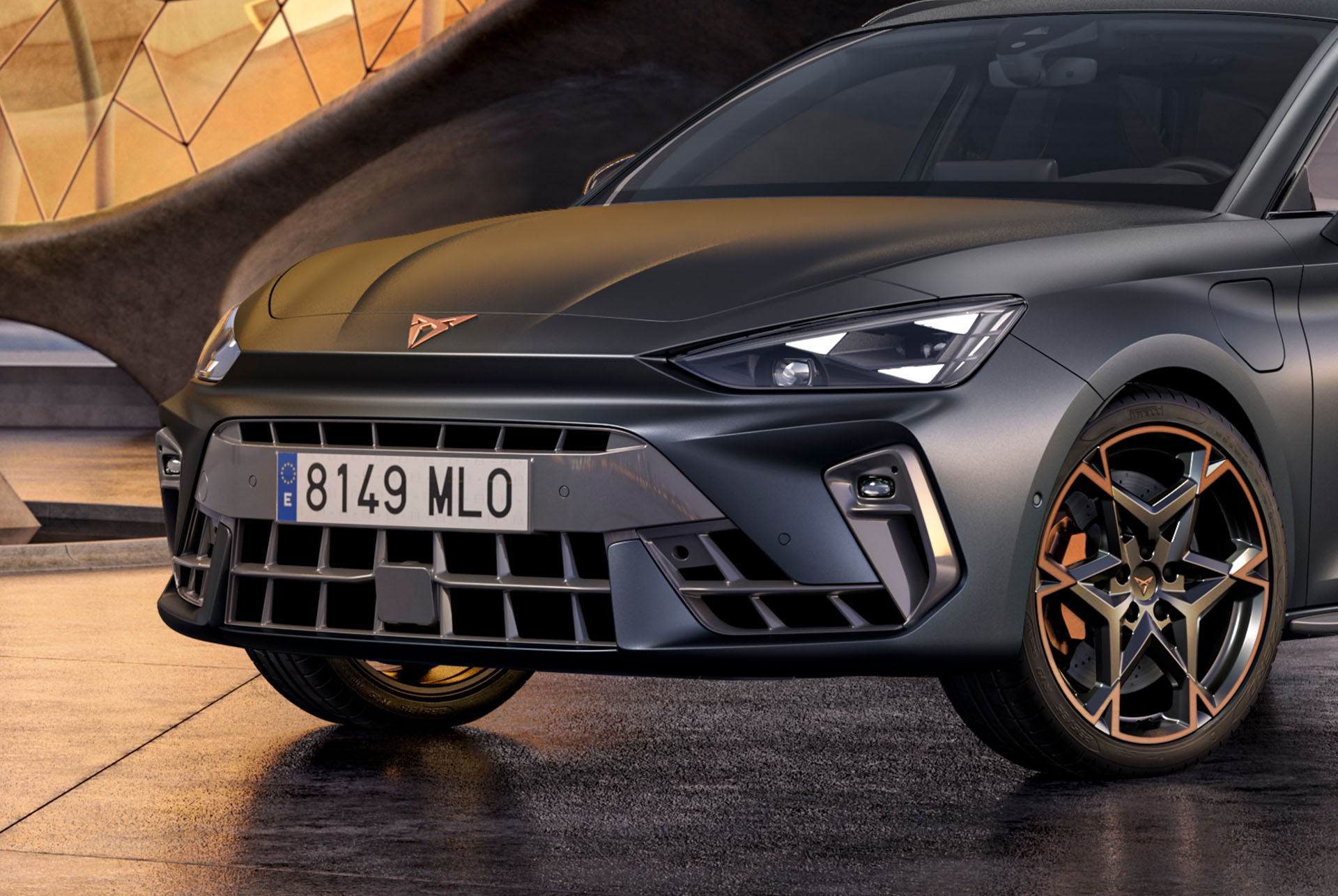 new cupra leon sportstourer 2024 hybrid car technology, parked on concrete, cityscape and architectural concrete structure with cupra matrix led headlights