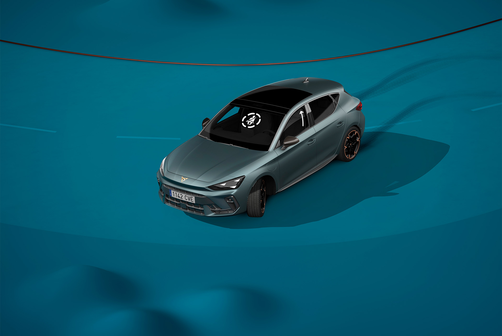 new cupra leon 2024, new pre crash safety technology, blue background and visual demo
