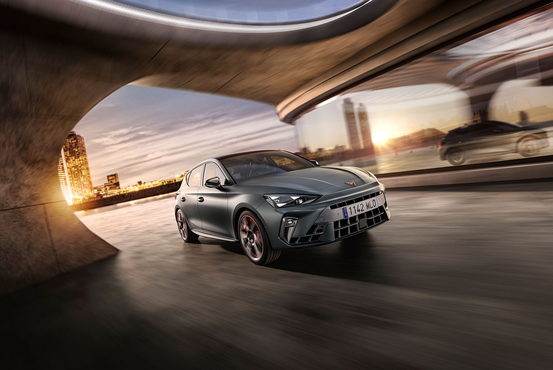 new cupra leon 2024 steering wheel, infotainment driving profile selection, advanced steering technology, dynamic chassis control option, dashboard, window and city skyline