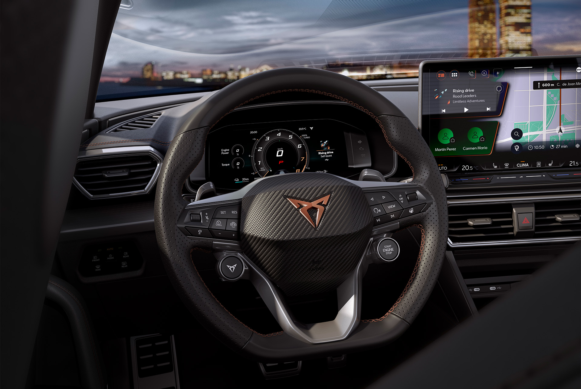 new cupra leon 2024 intelligent drive steering wheel with satellite controls,  safety technology advanced assistance systems, adaptive cruise control, lane keeping and live dynamic road sign display.