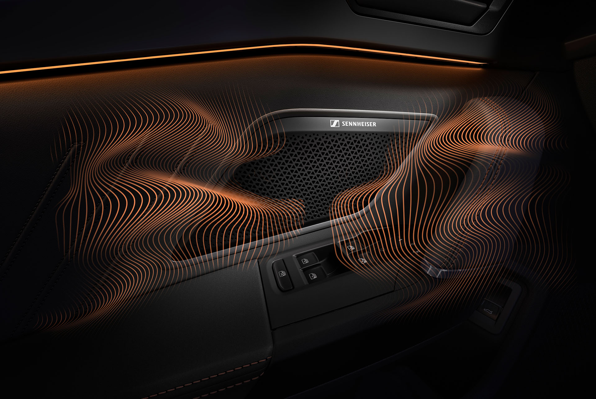 new cupra leon sportstourer 2024 immersive by sennheiser equipment upgrade technology. close up of sennheiser speaker on cupra leon sportstourer door panel, sound waves and ambient lighting.