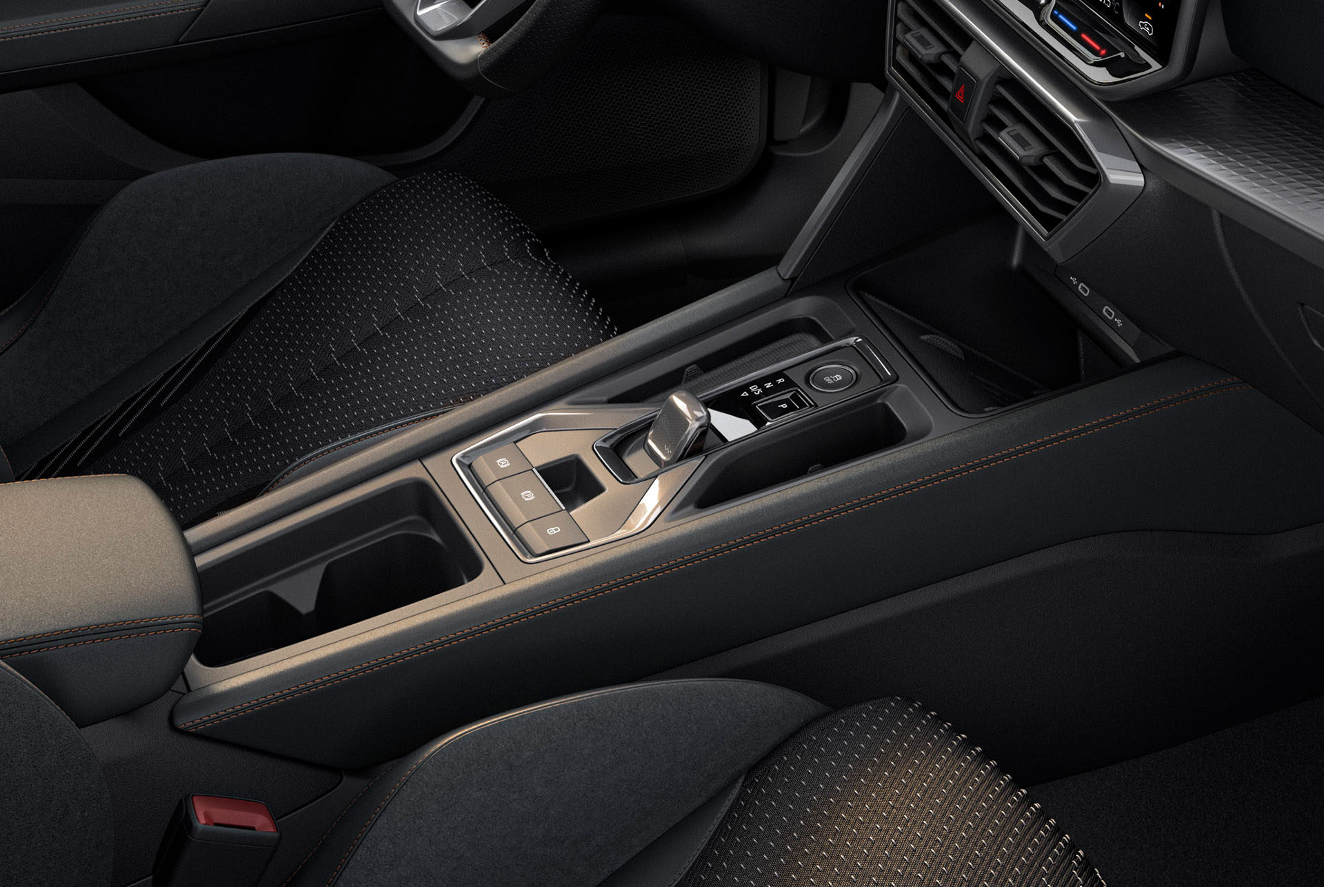 close up of new cupra leon 2024 hybrid car interior design central console, cupra connect controls, copper stitching, black and metallic trim.