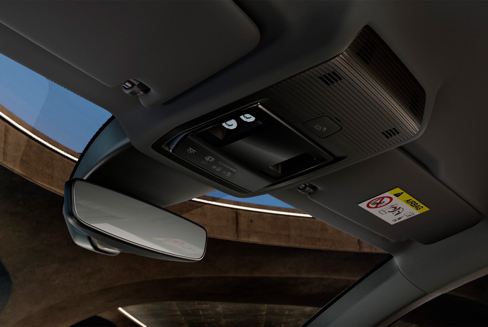 : Interior view of a new cupra leon 2024 car showing the overhead console with a wing mirror, LED car cabin lights,  various controls and cupra connectivity features, including an SOS emergency button.