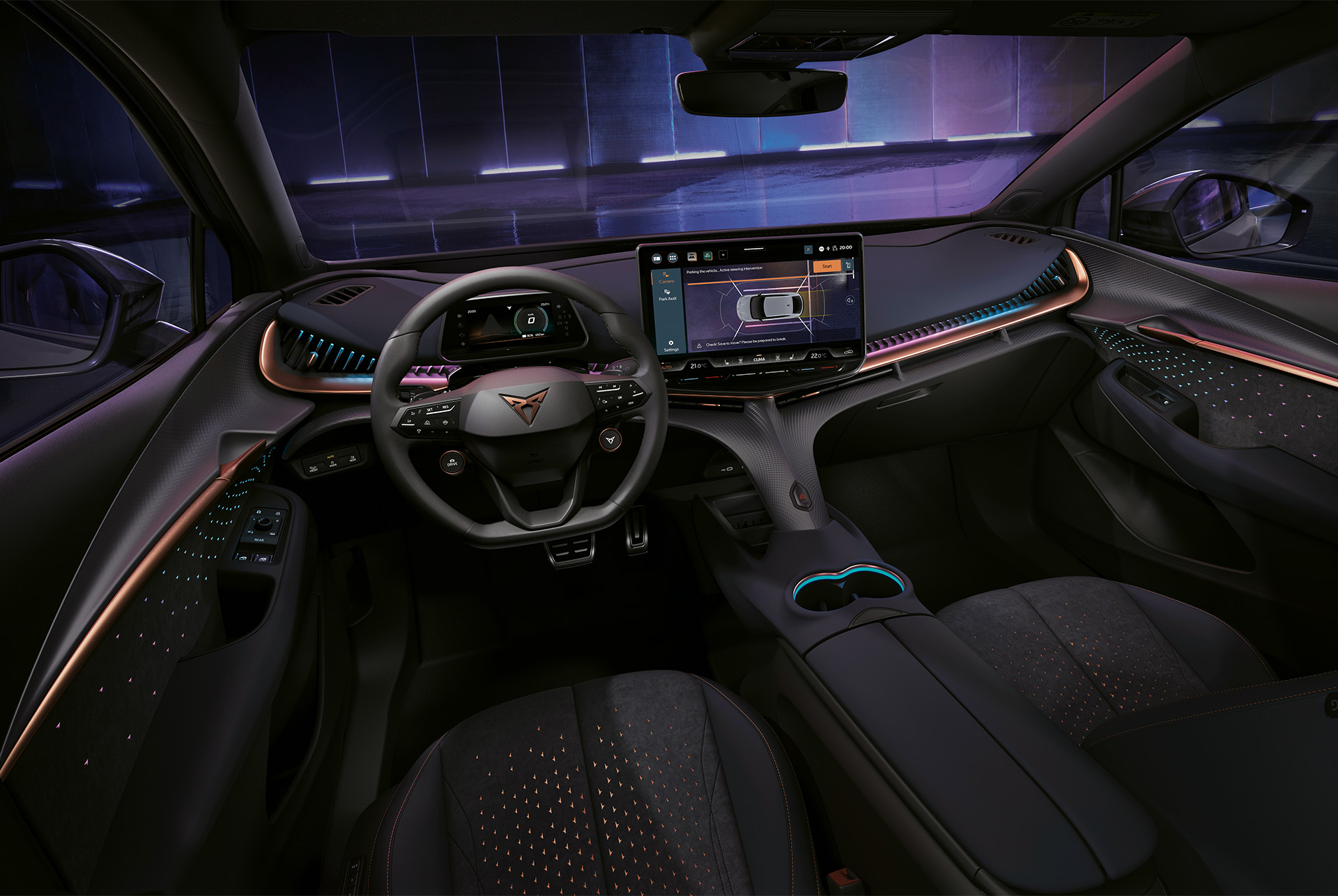 2024 cupra tavascan dashboard, drivers and passengers' seat, ambient lighting and infotainment system 