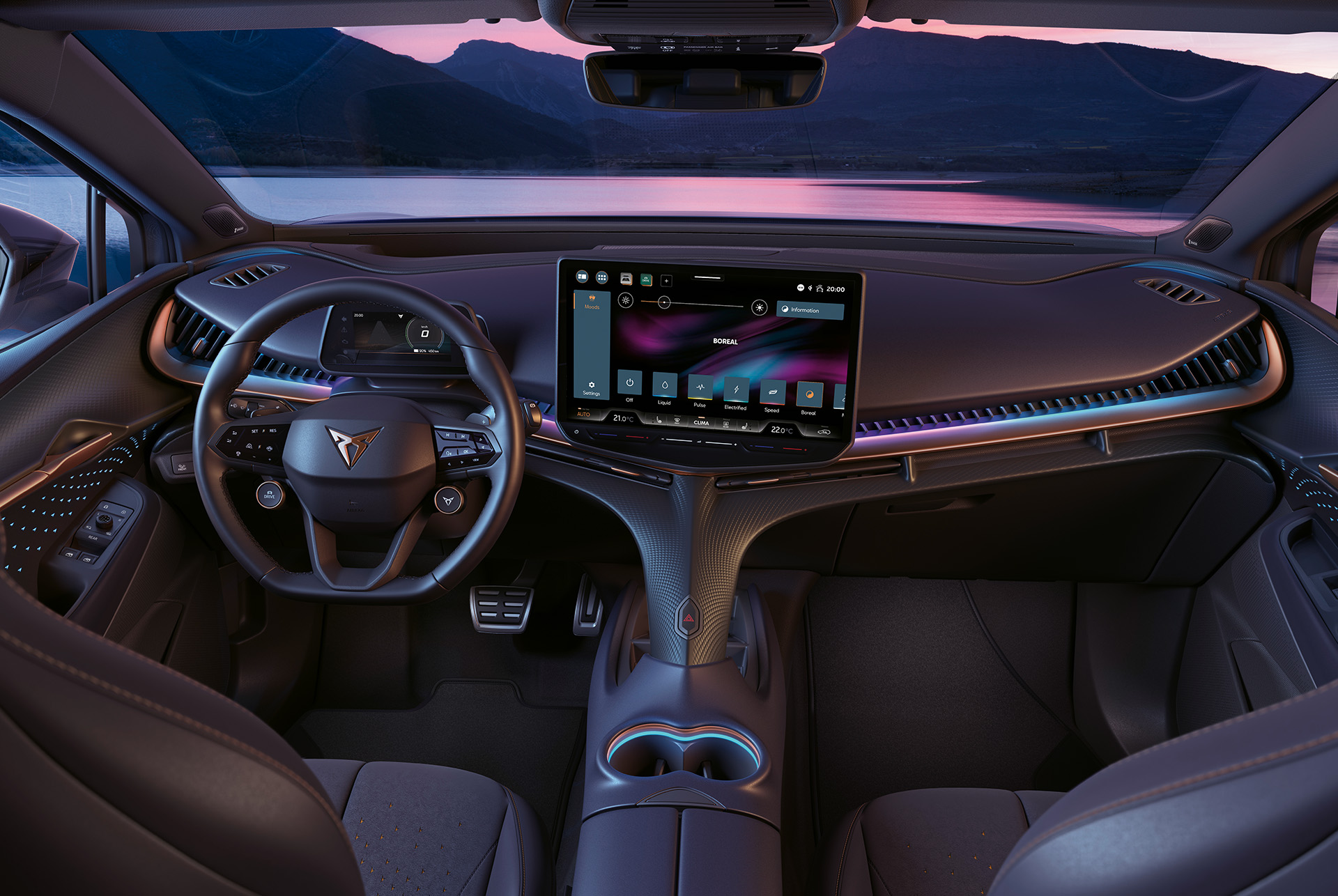 driver's seat, car dashboard and infotainment system in the 2024 CUPRA Tavascan