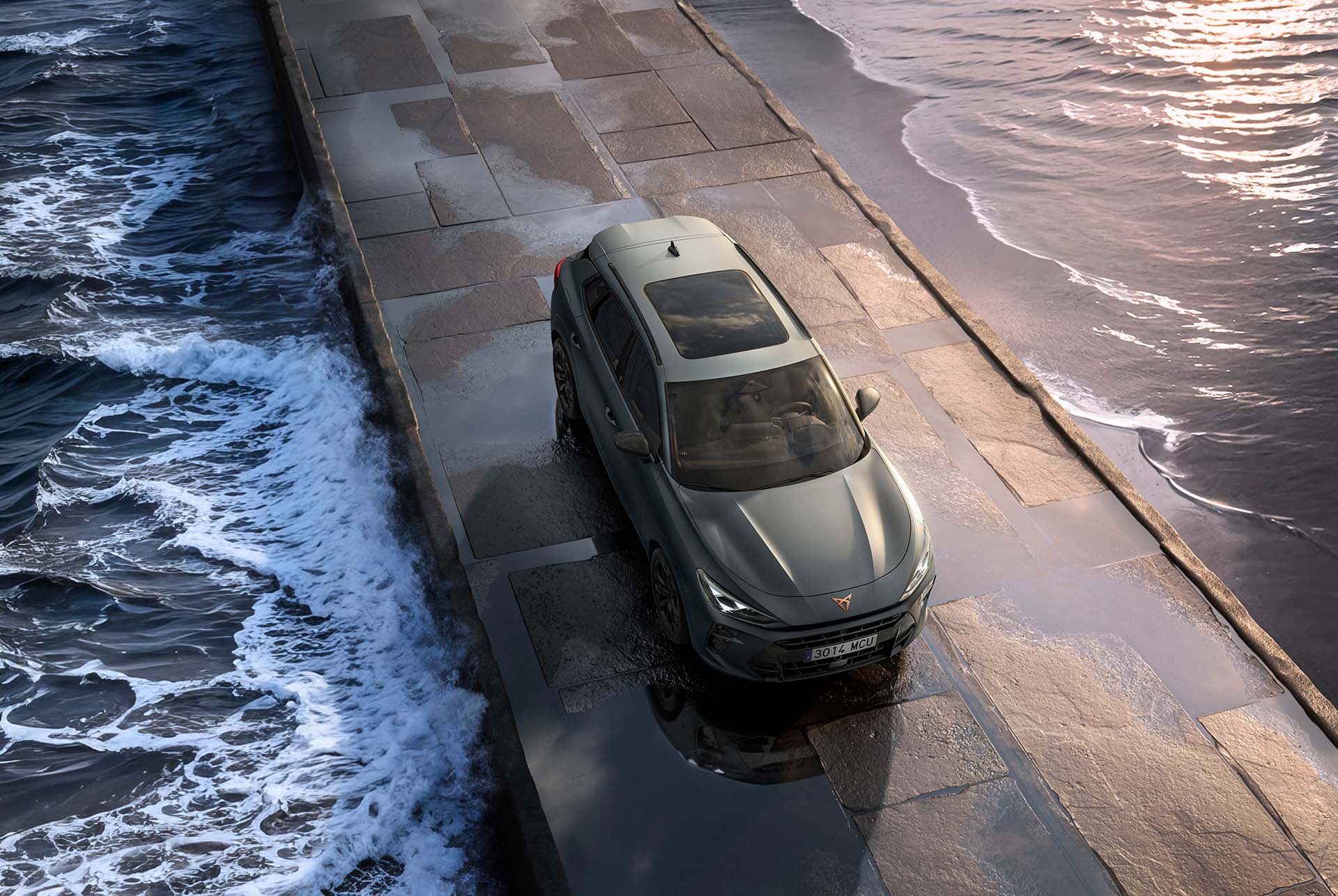 new cupra terramar 2025 hybrid suv model, featuring a panoramic sunroof, sleek design and modern alloy wheels, on a wet pavement by the sea. birds eye view.