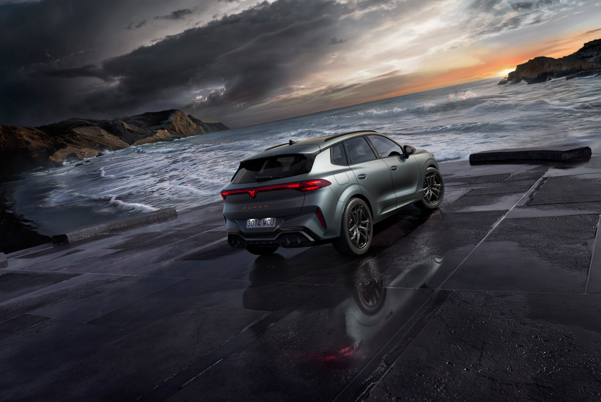 cupra terramar hybrid suv, new 2025 model, rear view angle, featuring sleek rear lights with cupra logo, modern alloy wheels and a sporty car body, on a wet pavement by the sea. 