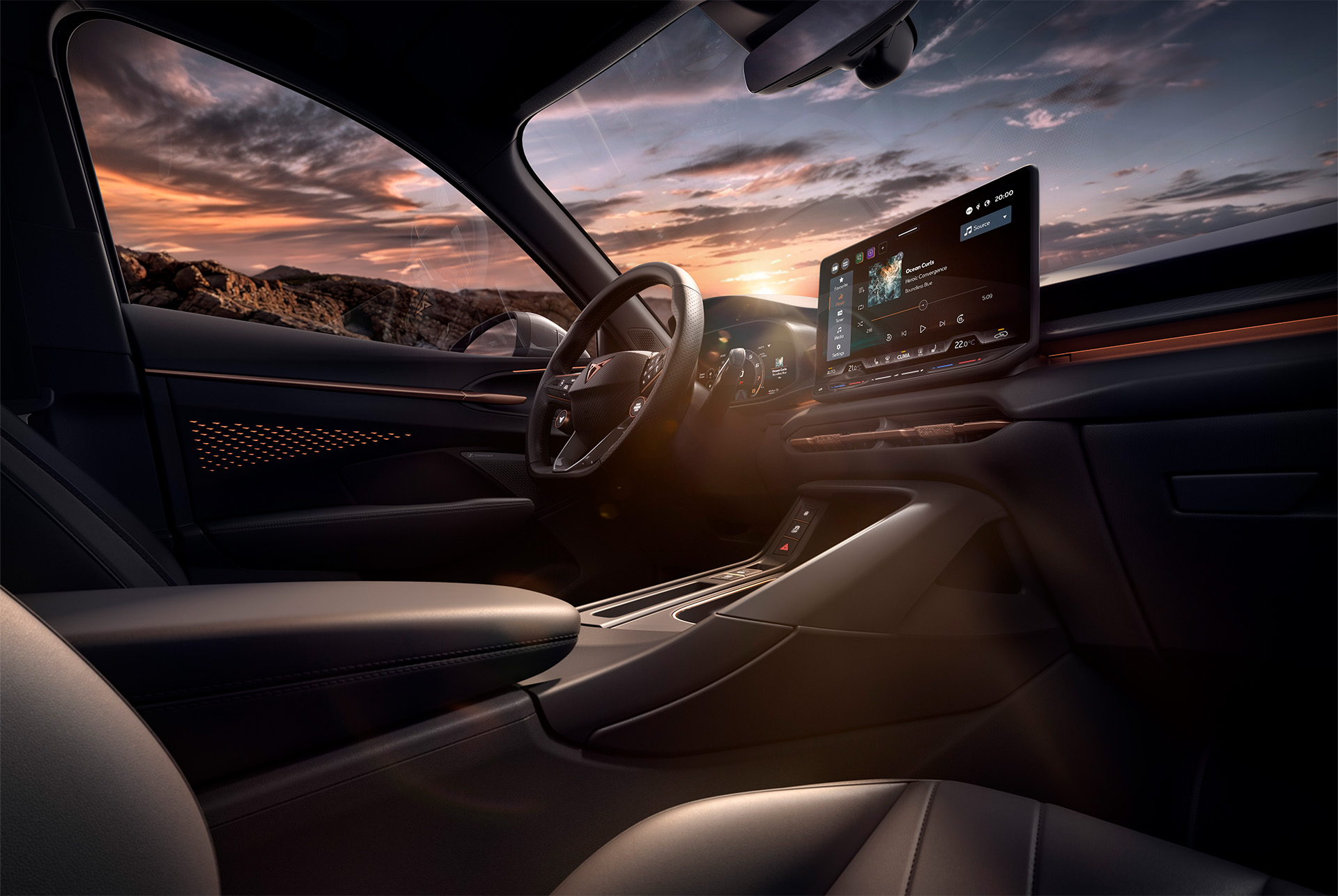 new cupra terramar 2024 interior car technology featuring a 12.9 inch infotainment system, heated steering wheel with satellite buttons, and a central console. dashboard view. 