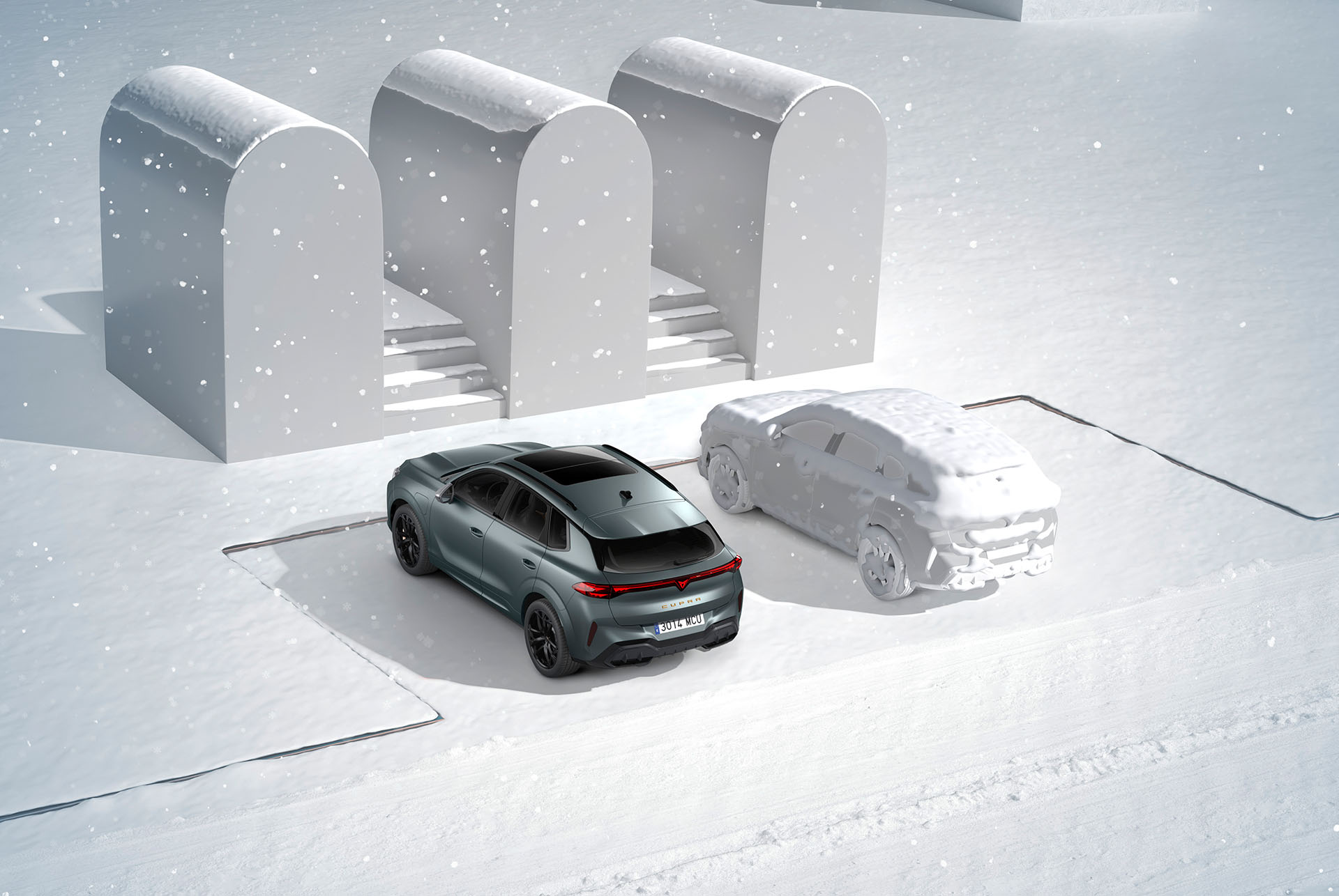 cupra terramar in dark void colour parked in snowy conditions, featuring the parking heater system for warmth on cold days, controlled via remote.