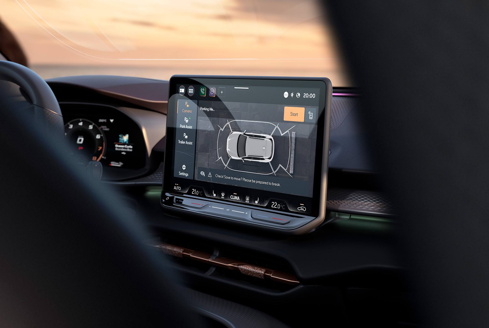 cupra terramar's infotainment system, highlighting the top view camera functionality on the 12.9 inch touchscreen display.