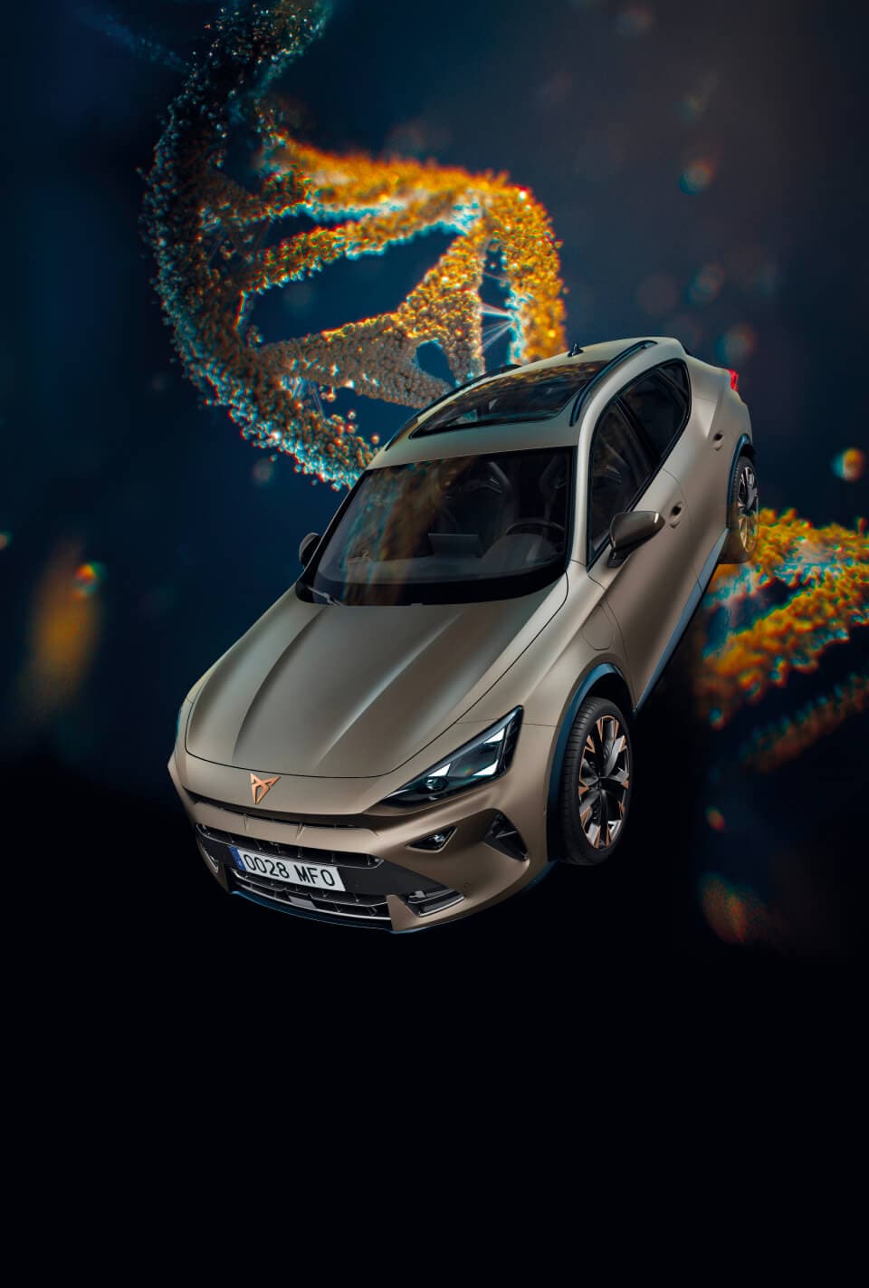 Century bronze matt cupra formentor hybrid car in a desert setting, models surrounding the phev and clouds in the background.