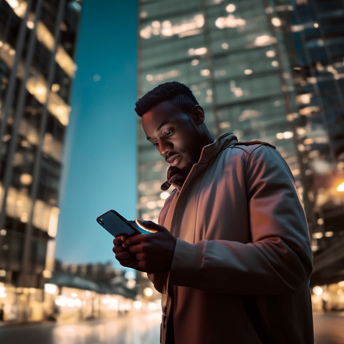 man using a smartphone in a city setting, representing general enquiries for cupra formentor. 