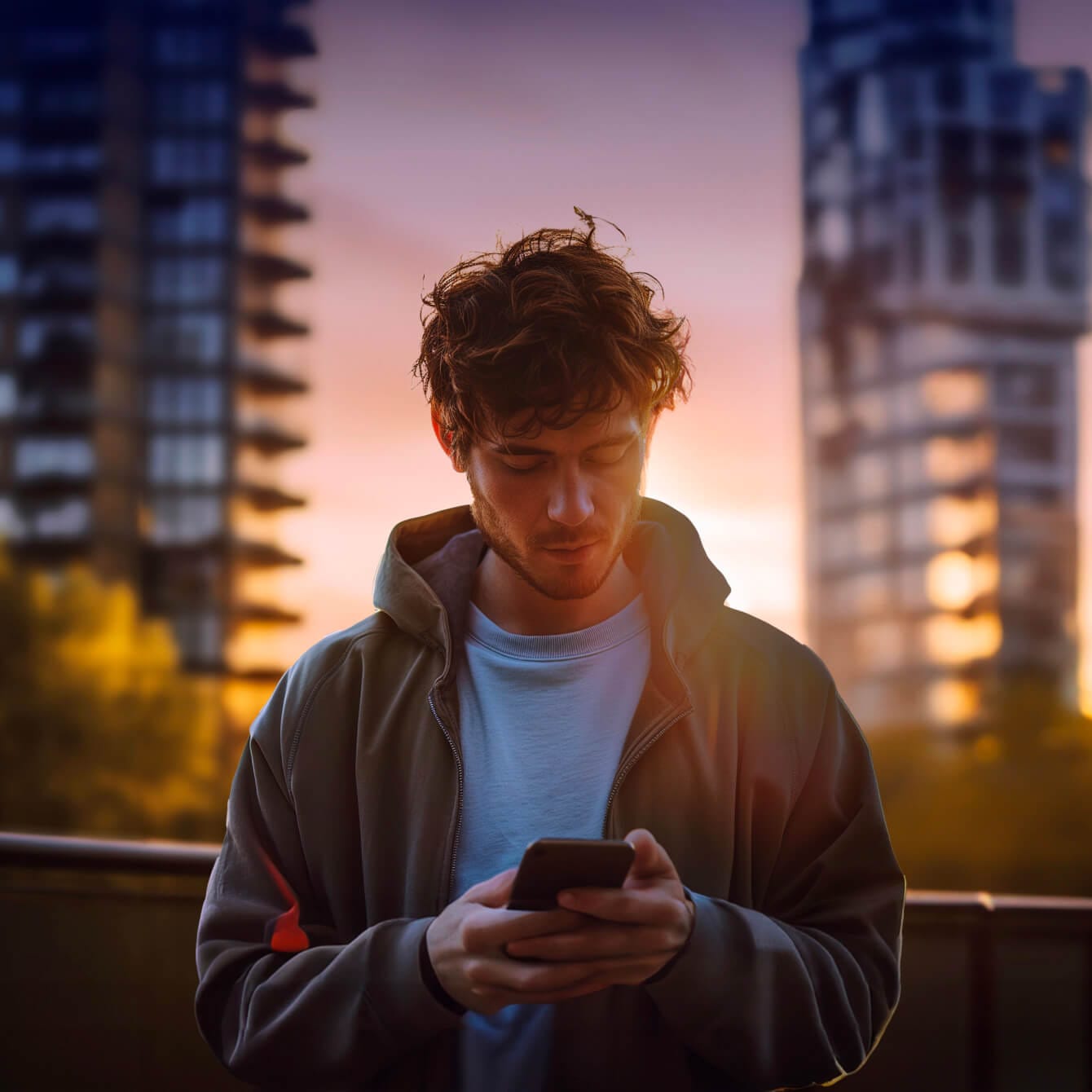 man using a smartphone in a city setting, representing general enquiries for cupra formentor. 