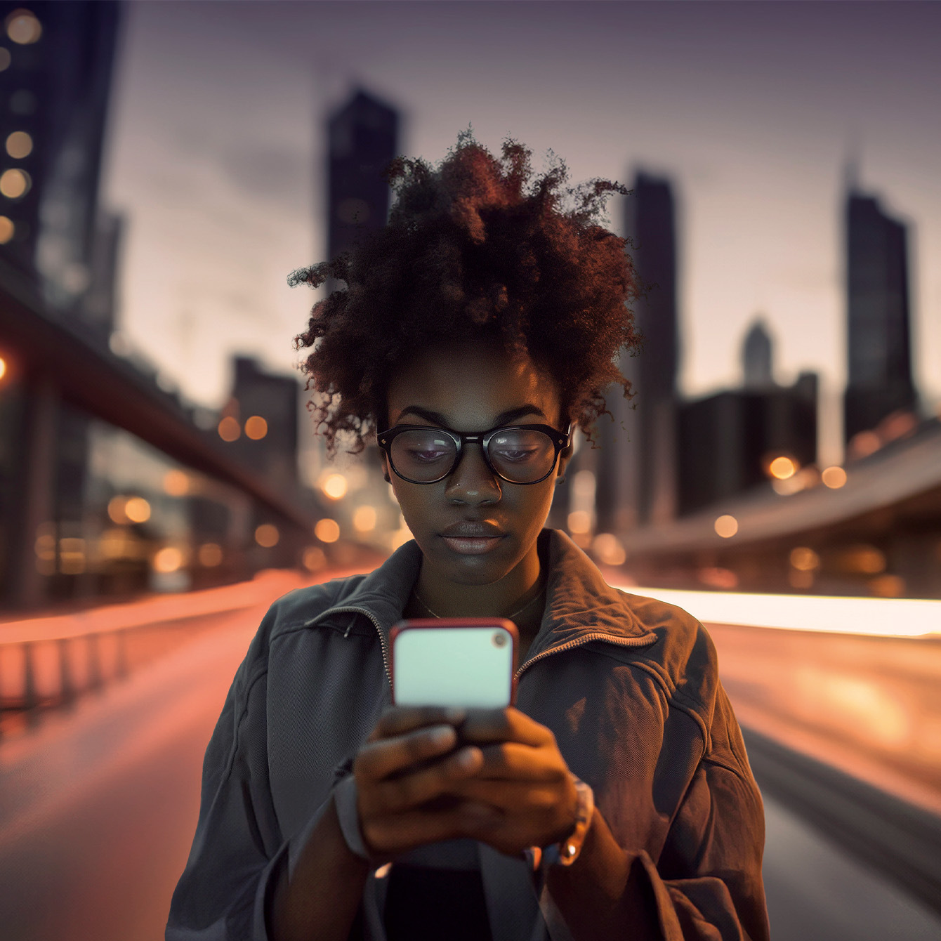 woman with a smartphone in an urban environment, representing international customer care for cupra leon