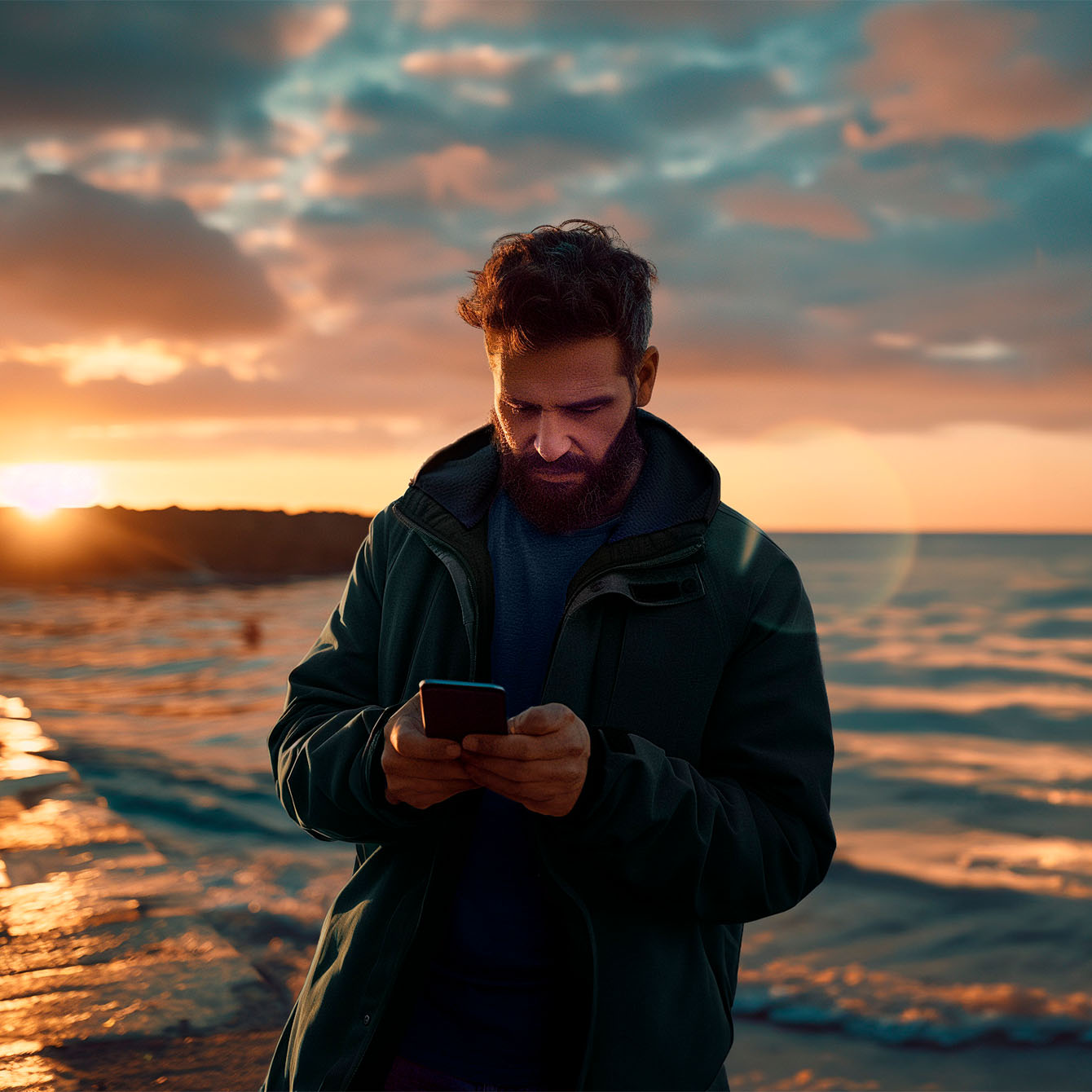 person on a waterfront using my cupra app on a mobile device at sunset, representing connectivity for cupra terramar