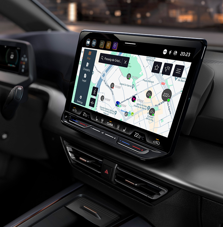 CUPRA Born detailed view of high central console with charging points