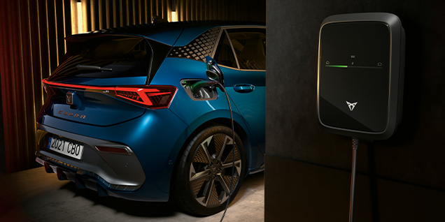 cupra born car charging in a modern garage with a sleek wall-mounted EV charger