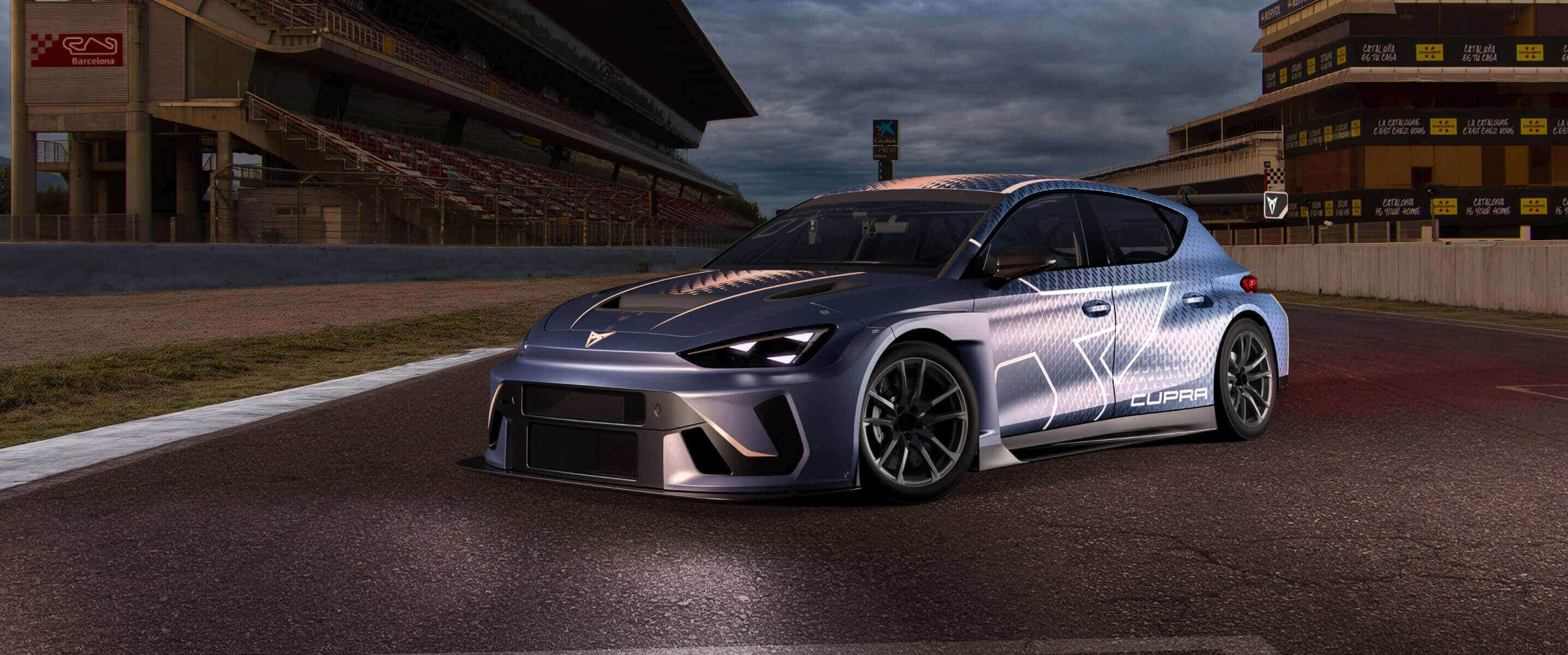 The cupra leon vz tcr aerodynamic design on a race track under a dramatic sky.