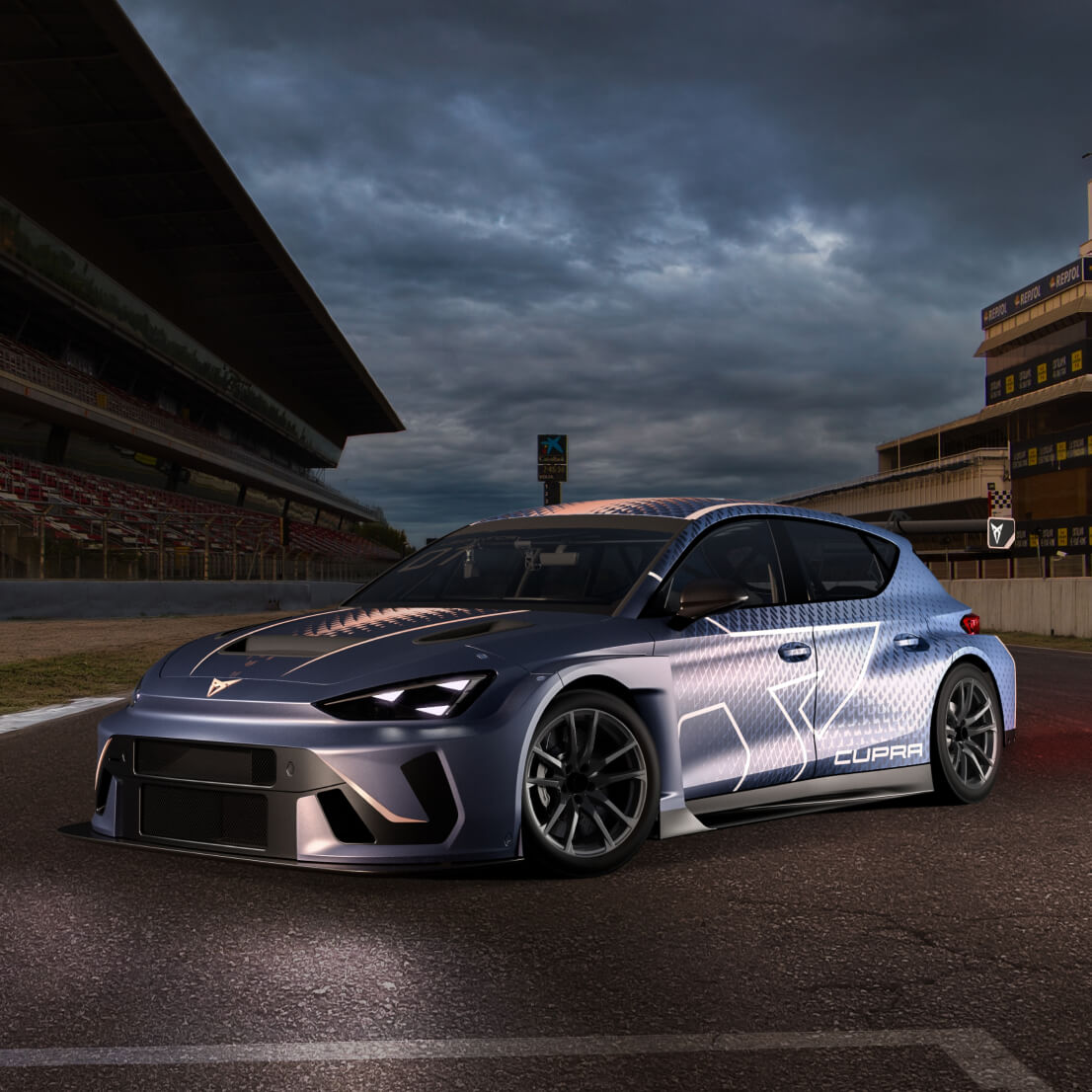 The cupra leon vz tcr aerodynamic design on a race track under a dramatic sky.