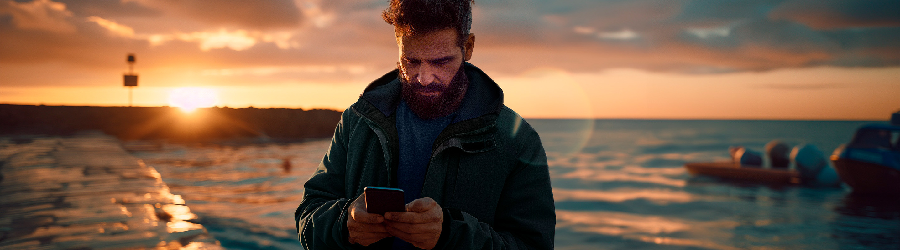 Man accessing cupra connect gen 3 features on his smartphone via the my cupra app, standing near the ocean at sunset.