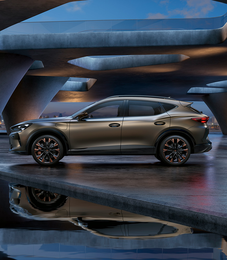 Cupra formentor phev vz, with cupra connect gen 3 capabilities, in century bronze matt, lateral view under modern architecture with water reflections